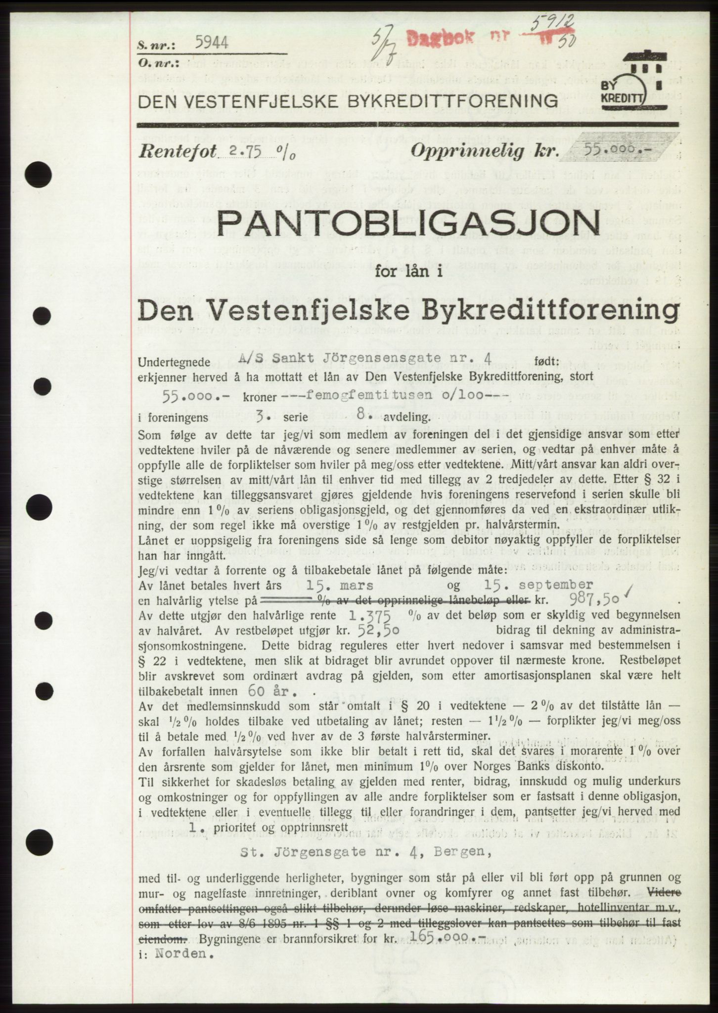 Byfogd og Byskriver i Bergen, AV/SAB-A-3401/03/03Bd/L0003: Mortgage book no. B29-39, 1947-1950, Diary no: : 5912/1950