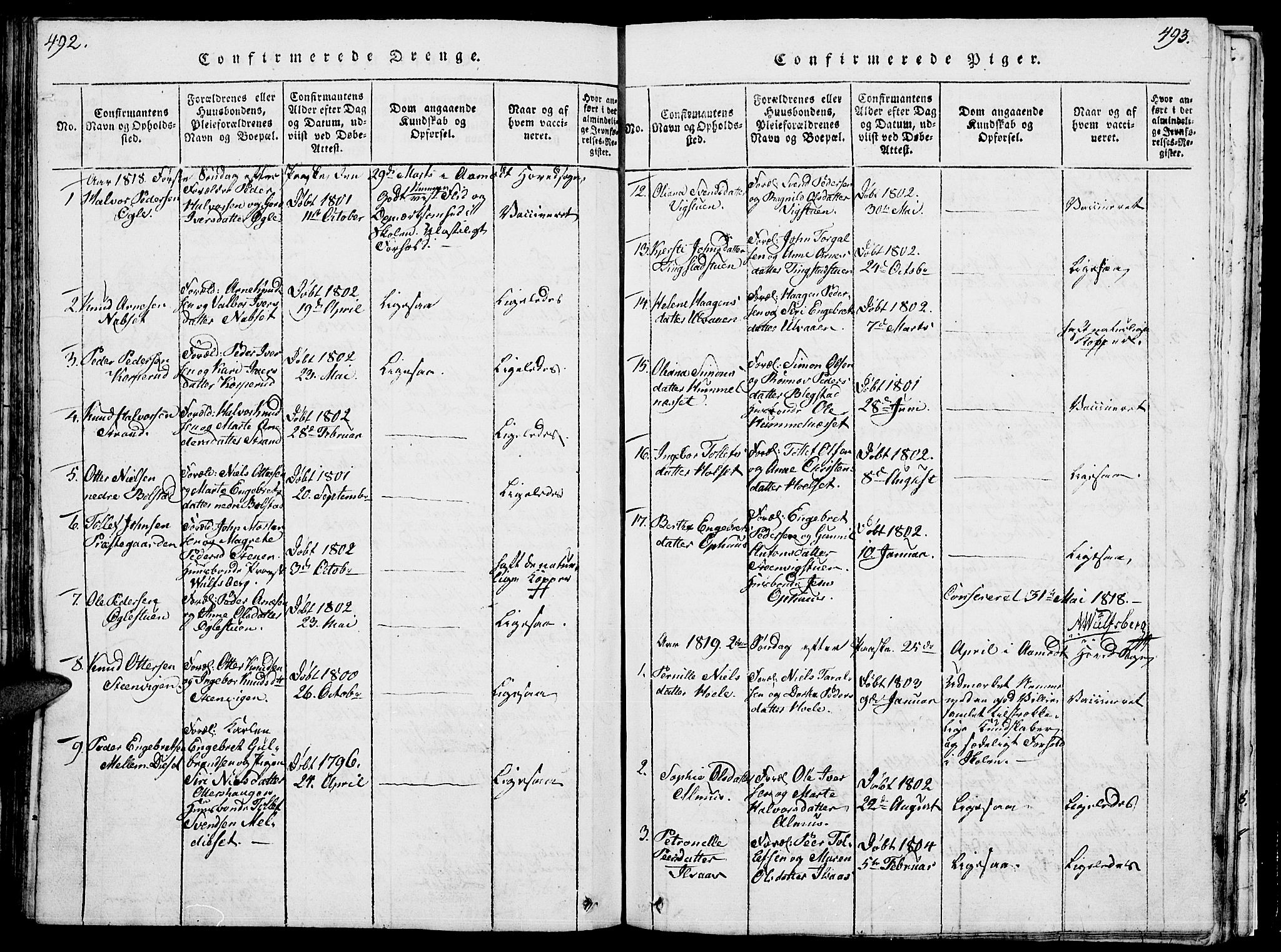Åmot prestekontor, Hedmark, SAH/PREST-056/H/Ha/Hab/L0001: Parish register (copy) no. 1, 1815-1847, p. 492-493