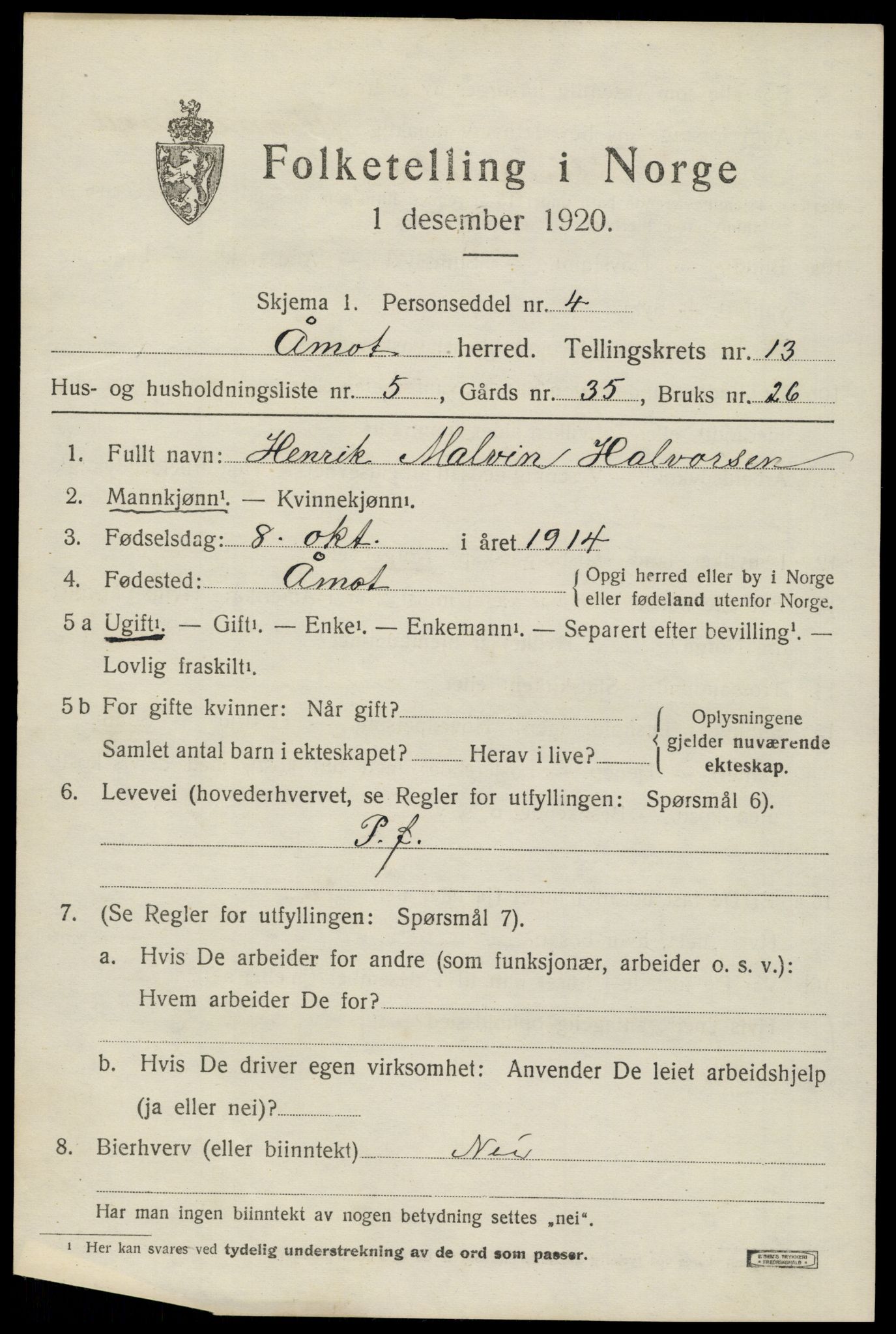 SAH, 1920 census for Åmot, 1920, p. 10765