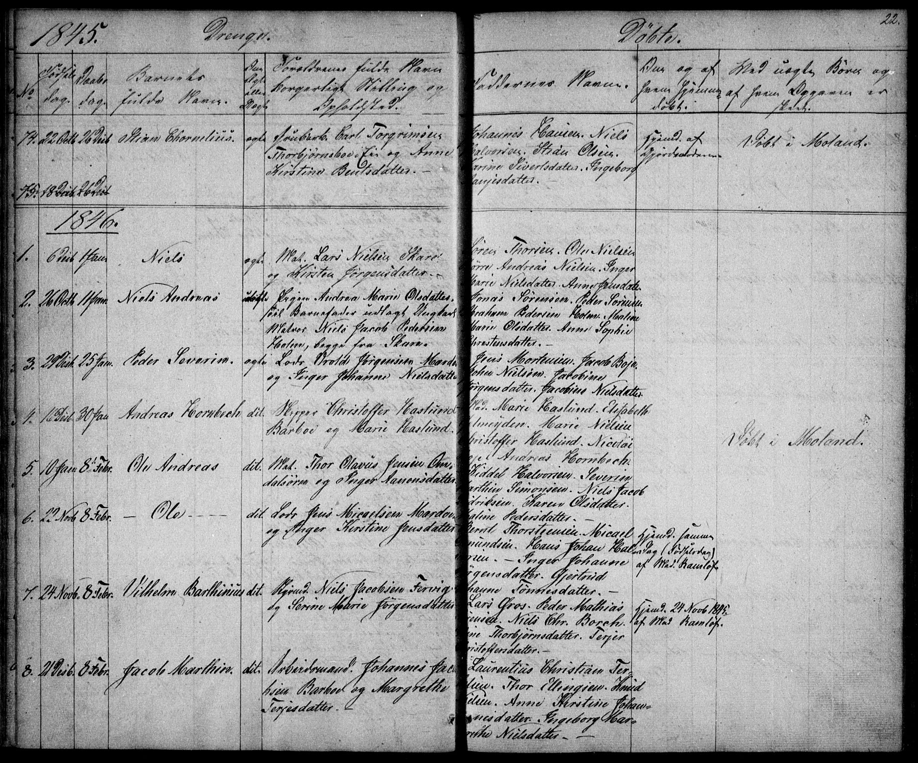 Tromøy sokneprestkontor, AV/SAK-1111-0041/F/Fb/L0001: Parish register (copy) no. B 1, 1843-1850, p. 22