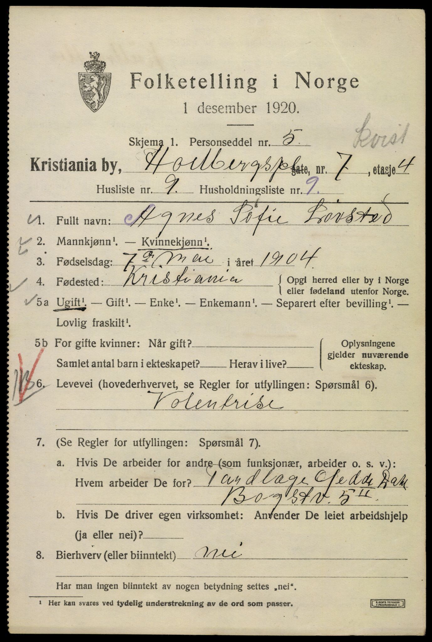 SAO, 1920 census for Kristiania, 1920, p. 296015