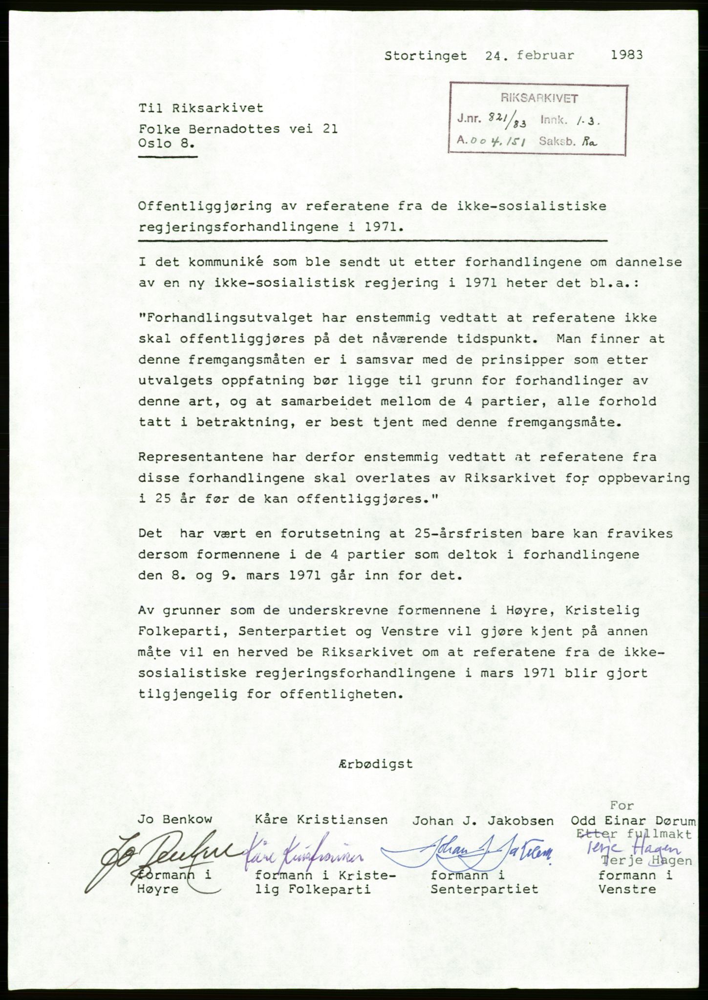 Forhandlingsmøtene mars 1971 mellom Høyre, Kristelig Folkeparti, Senterpartiet og Venstre om dannelse av regjering, RA/PA-0416/A/L0001: --, 1971, p. 2