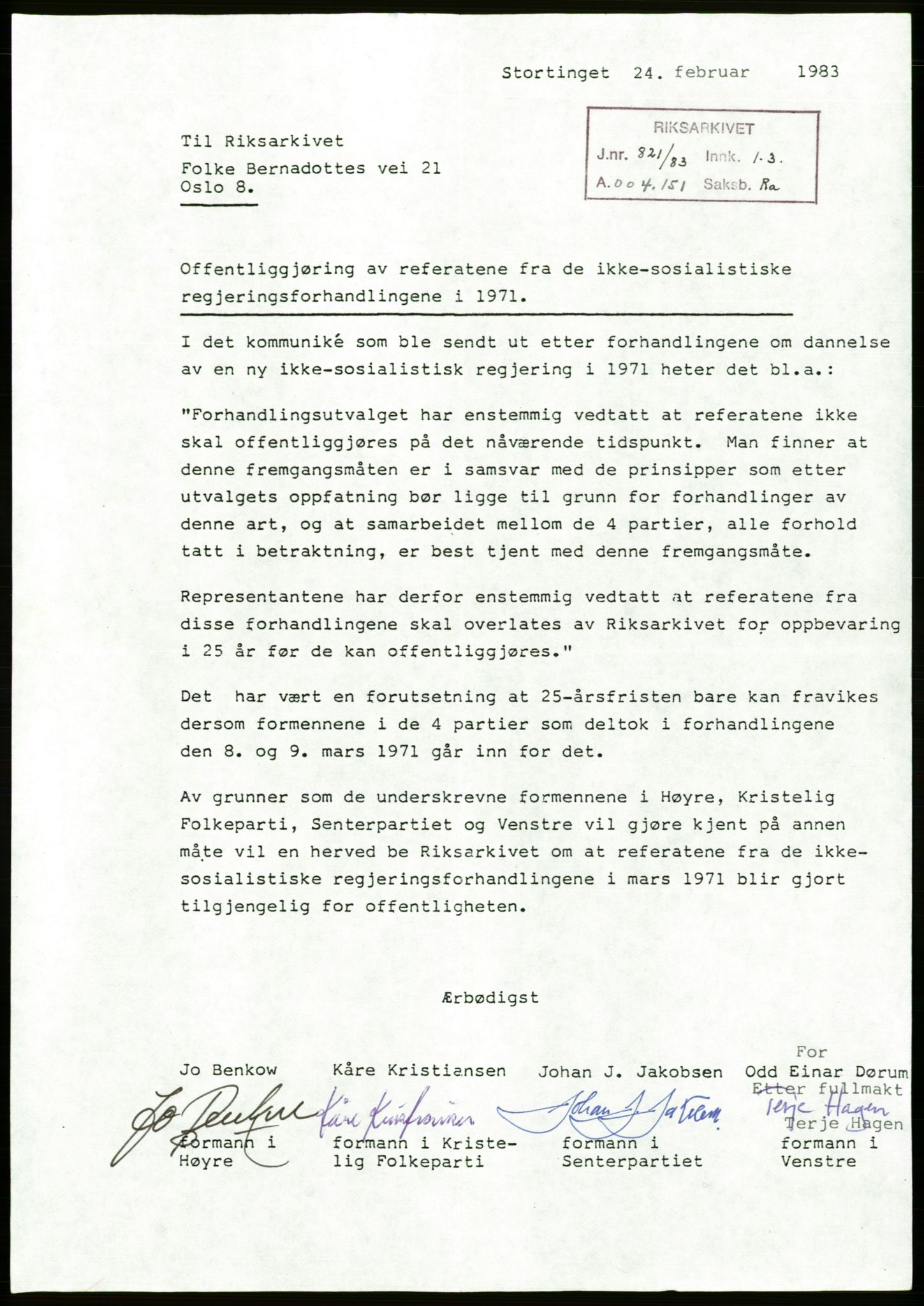 Forhandlingsmøtene mars 1971 mellom Høyre, Kristelig Folkeparti, Senterpartiet og Venstre om dannelse av regjering, AV/RA-PA-0416/A/L0001: --, 1971, p. 2