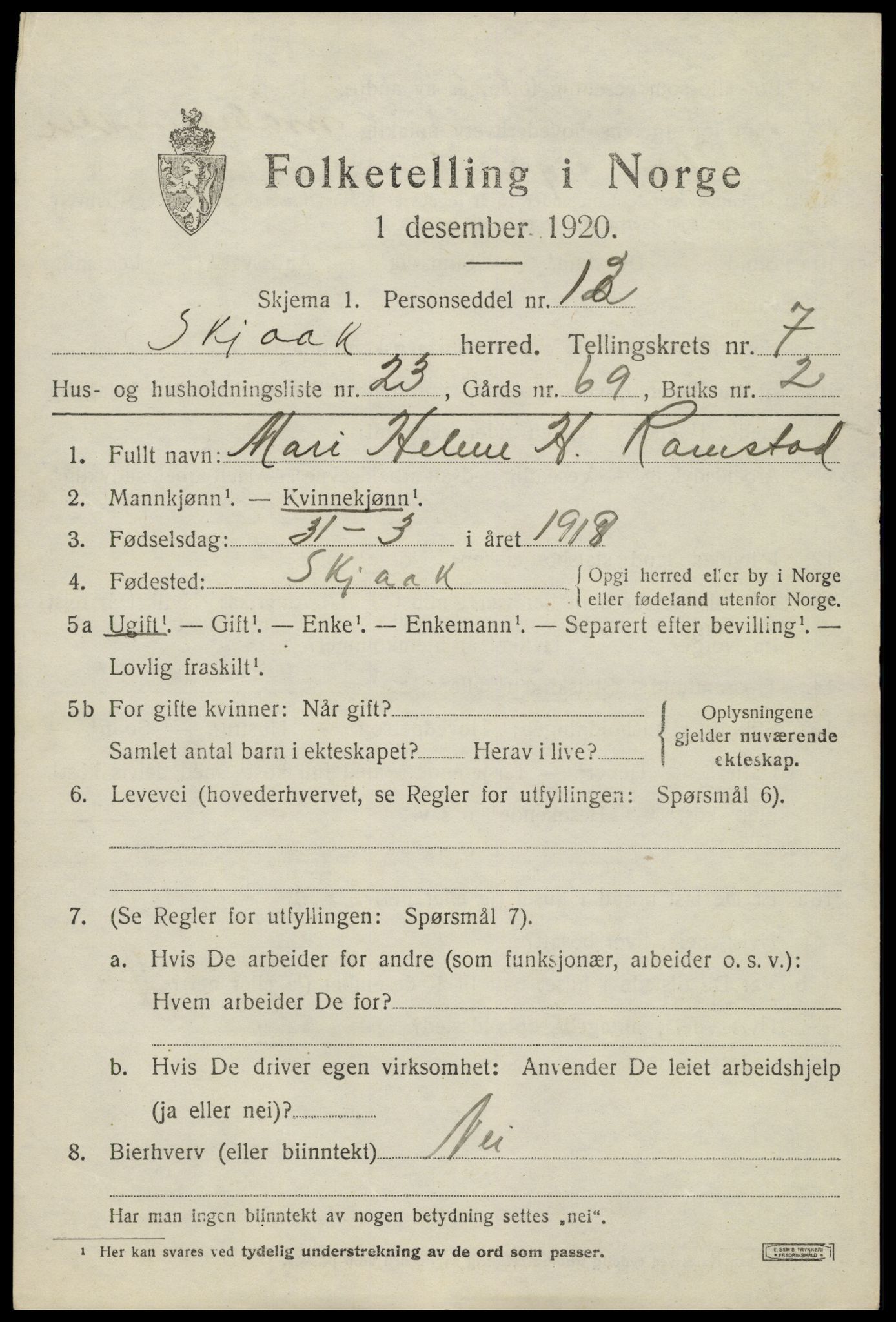 SAH, 1920 census for Skjåk, 1920, p. 3714