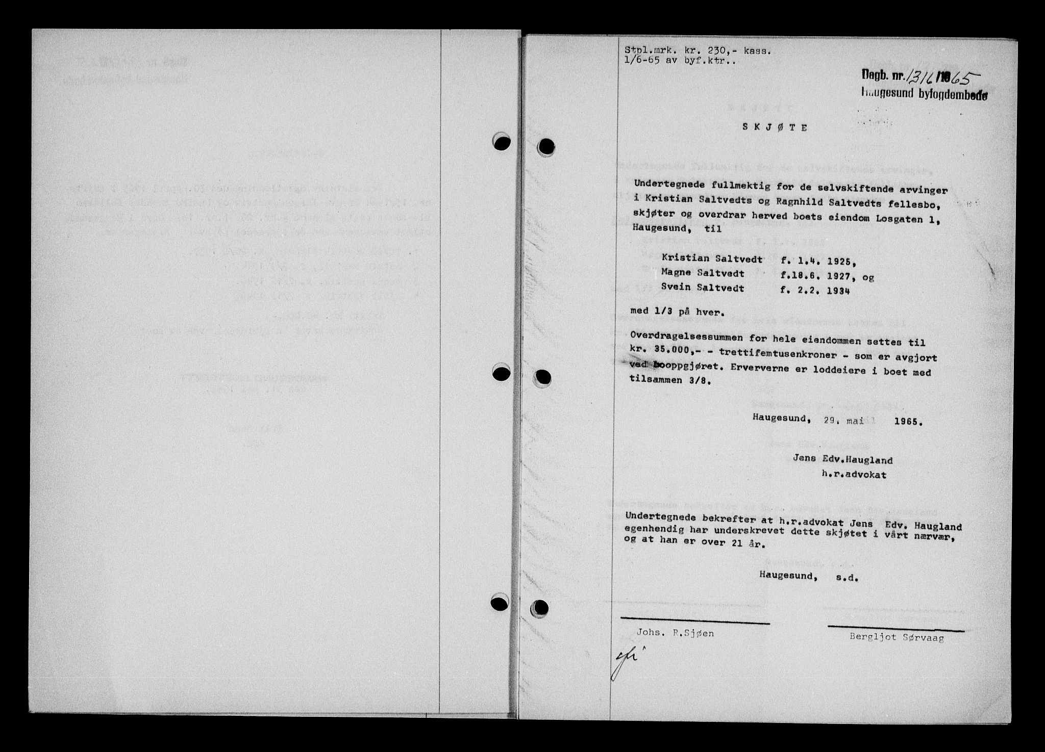 Haugesund tingrett, AV/SAST-A-101415/01/II/IIC/L0076: Mortgage book no. A 17, 1965-1966, Diary no: : 1316/1965