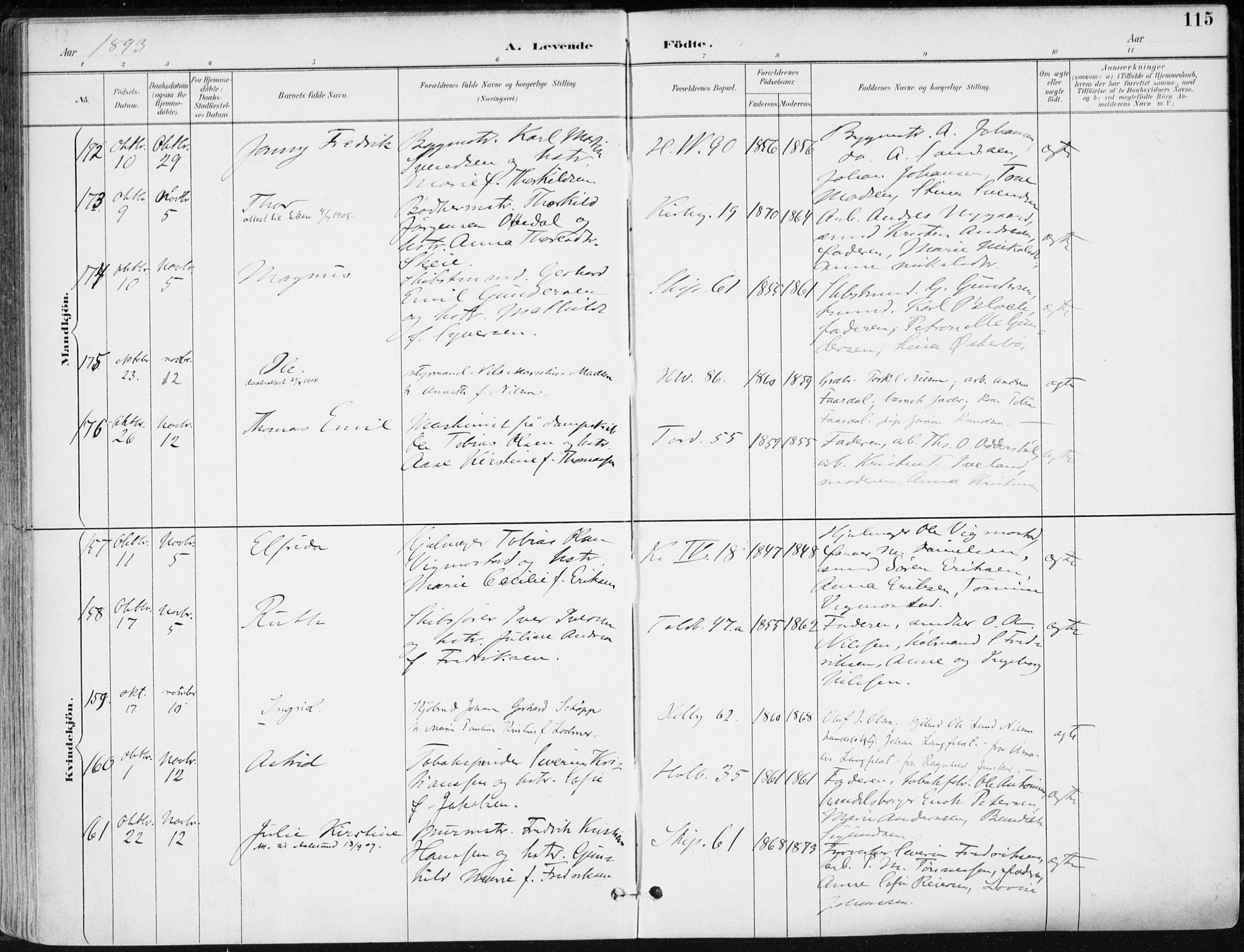 Kristiansand domprosti, SAK/1112-0006/F/Fa/L0019: Parish register (official) no. A 18, 1890-1897, p. 115