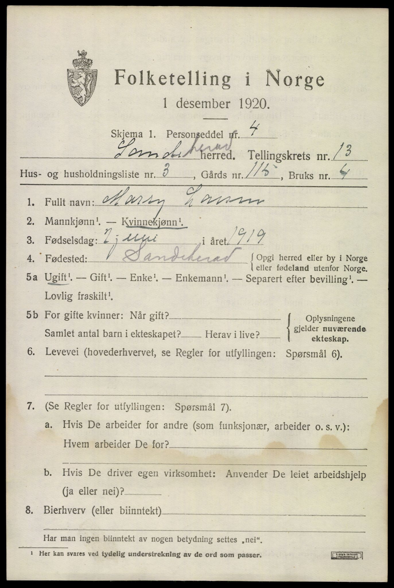 SAKO, 1920 census for Sandeherred, 1920, p. 19136