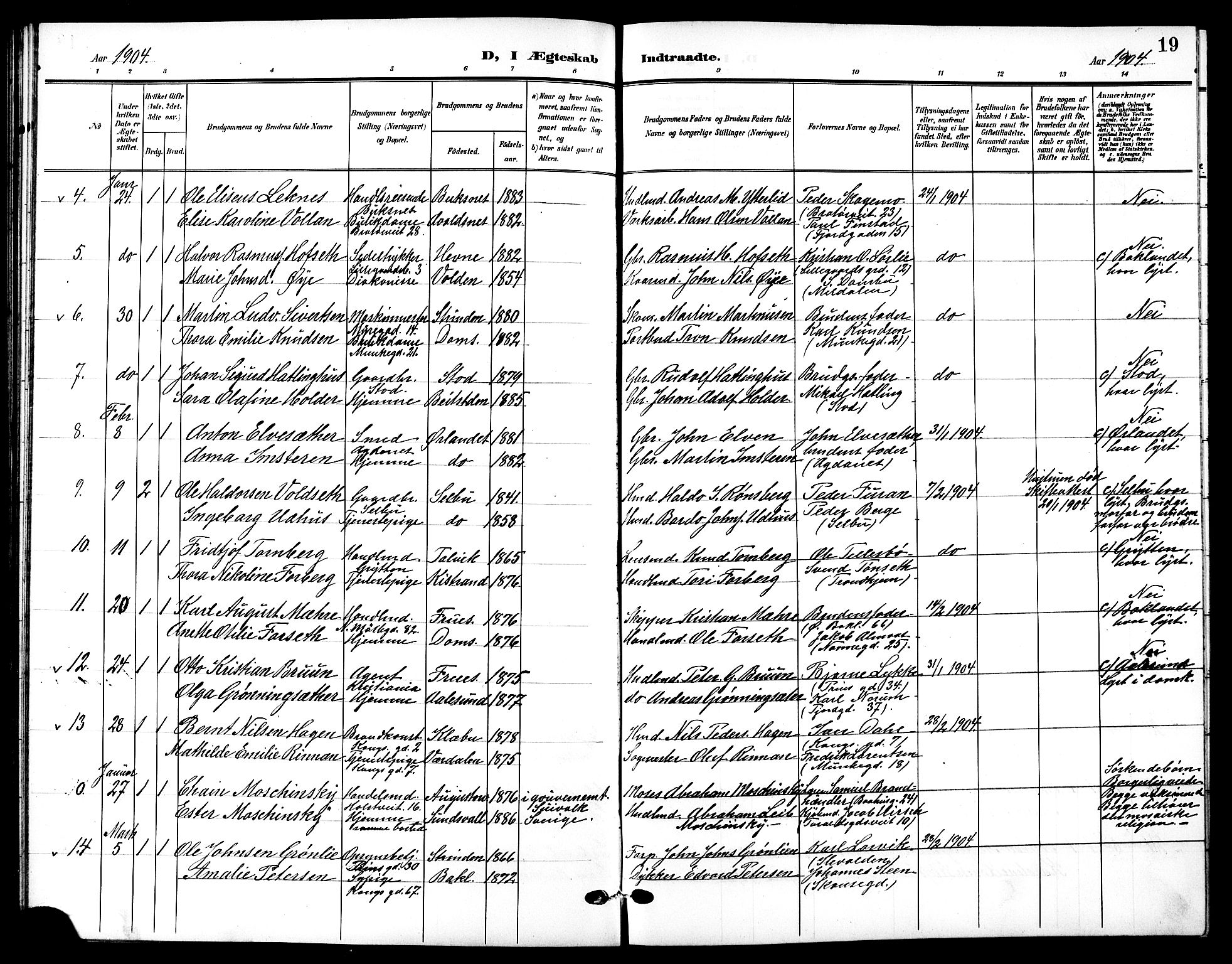 Ministerialprotokoller, klokkerbøker og fødselsregistre - Sør-Trøndelag, AV/SAT-A-1456/601/L0095: Parish register (copy) no. 601C13, 1902-1911, p. 19