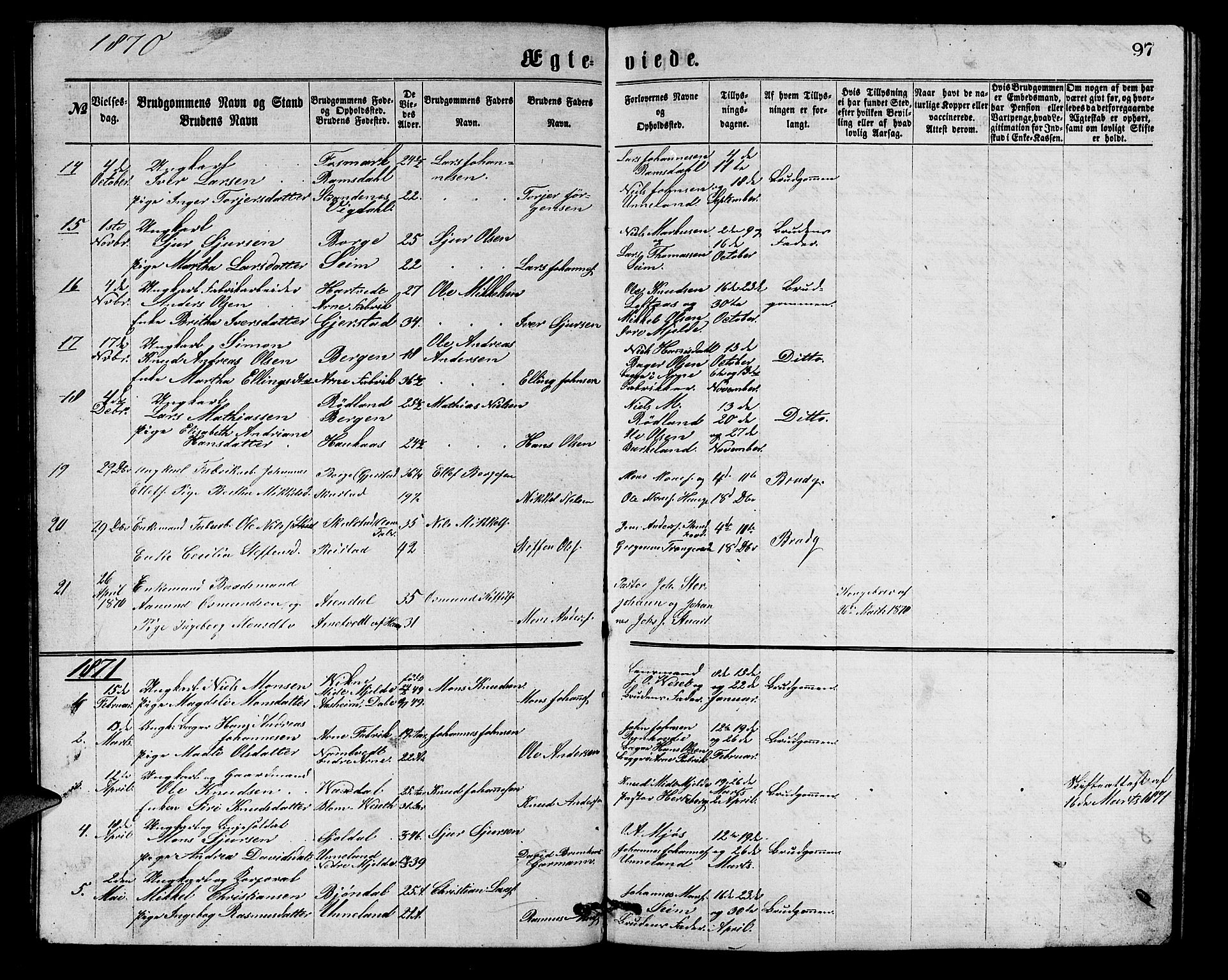 Arna Sokneprestembete, SAB/A-74001/H/Ha/Hab: Parish register (copy) no. A 1, 1869-1879, p. 97