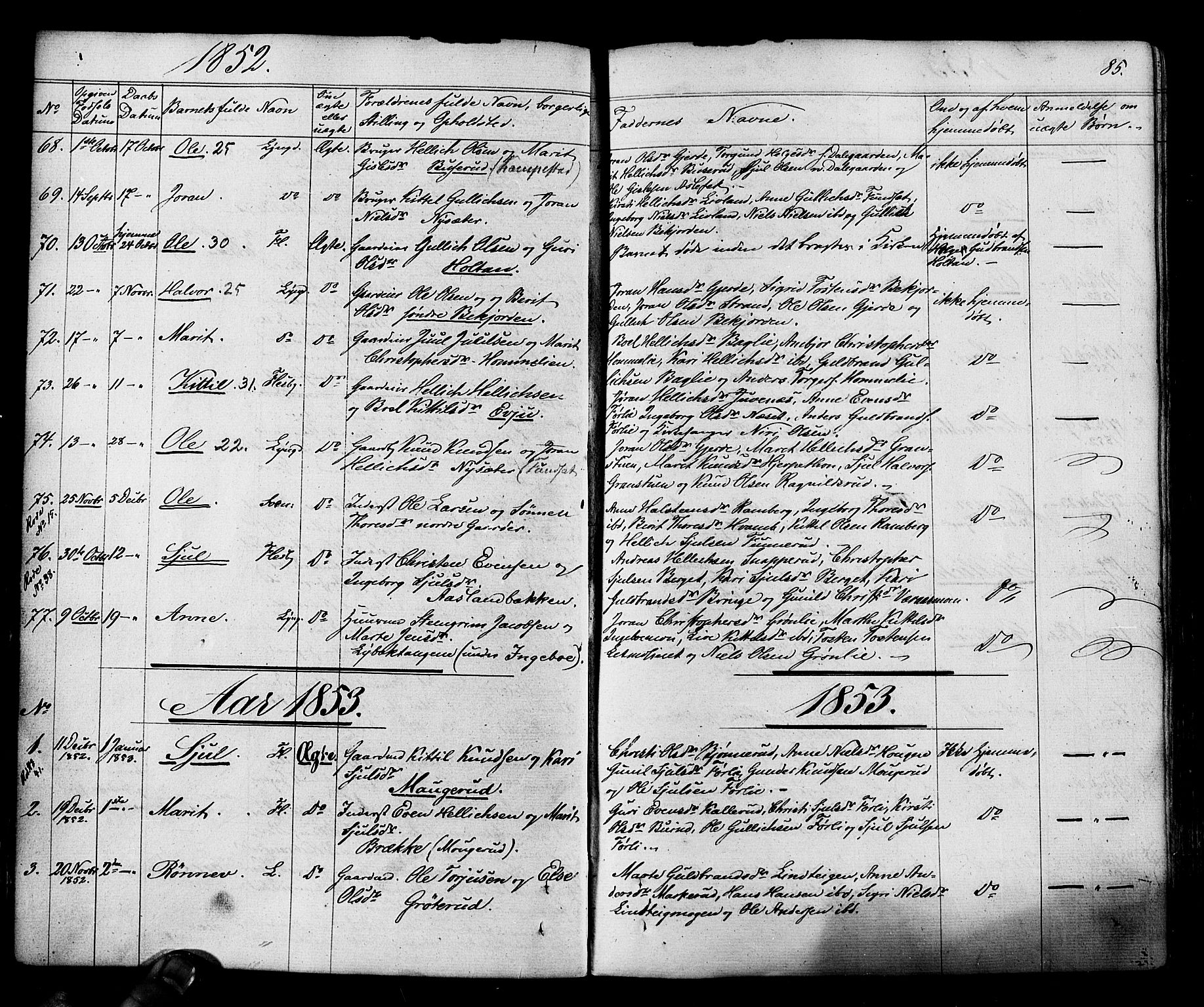 Flesberg kirkebøker, AV/SAKO-A-18/F/Fa/L0006: Parish register (official) no. I 6, 1834-1860, p. 85