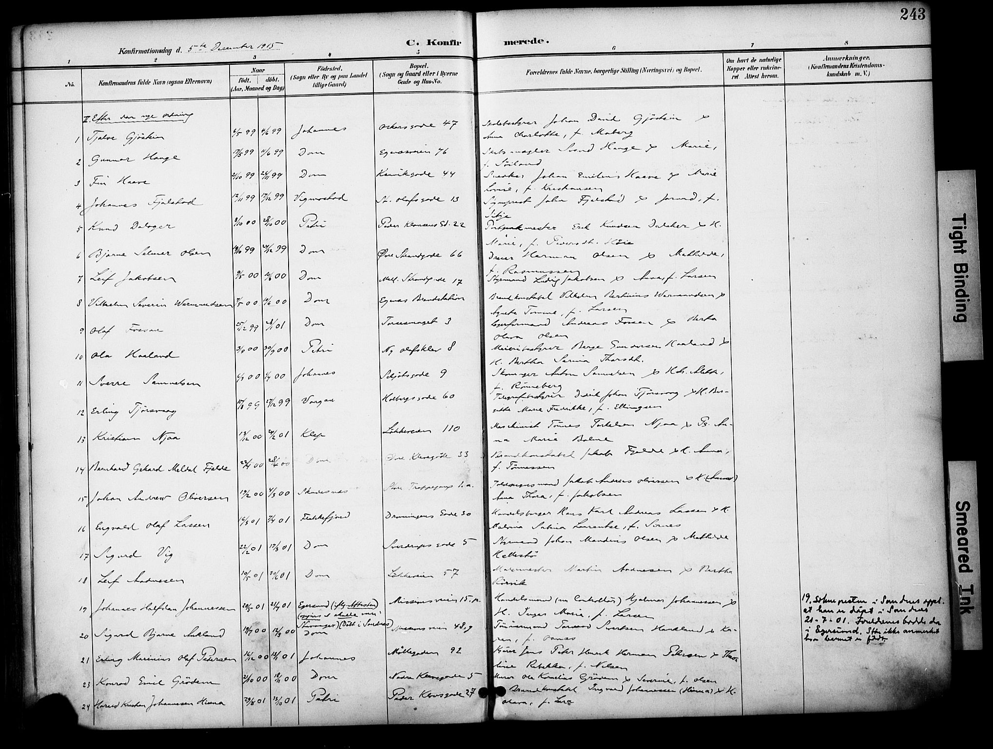 Domkirken sokneprestkontor, AV/SAST-A-101812/001/30/30BA/L0031: Parish register (official) no. A 30, 1896-1916, p. 243