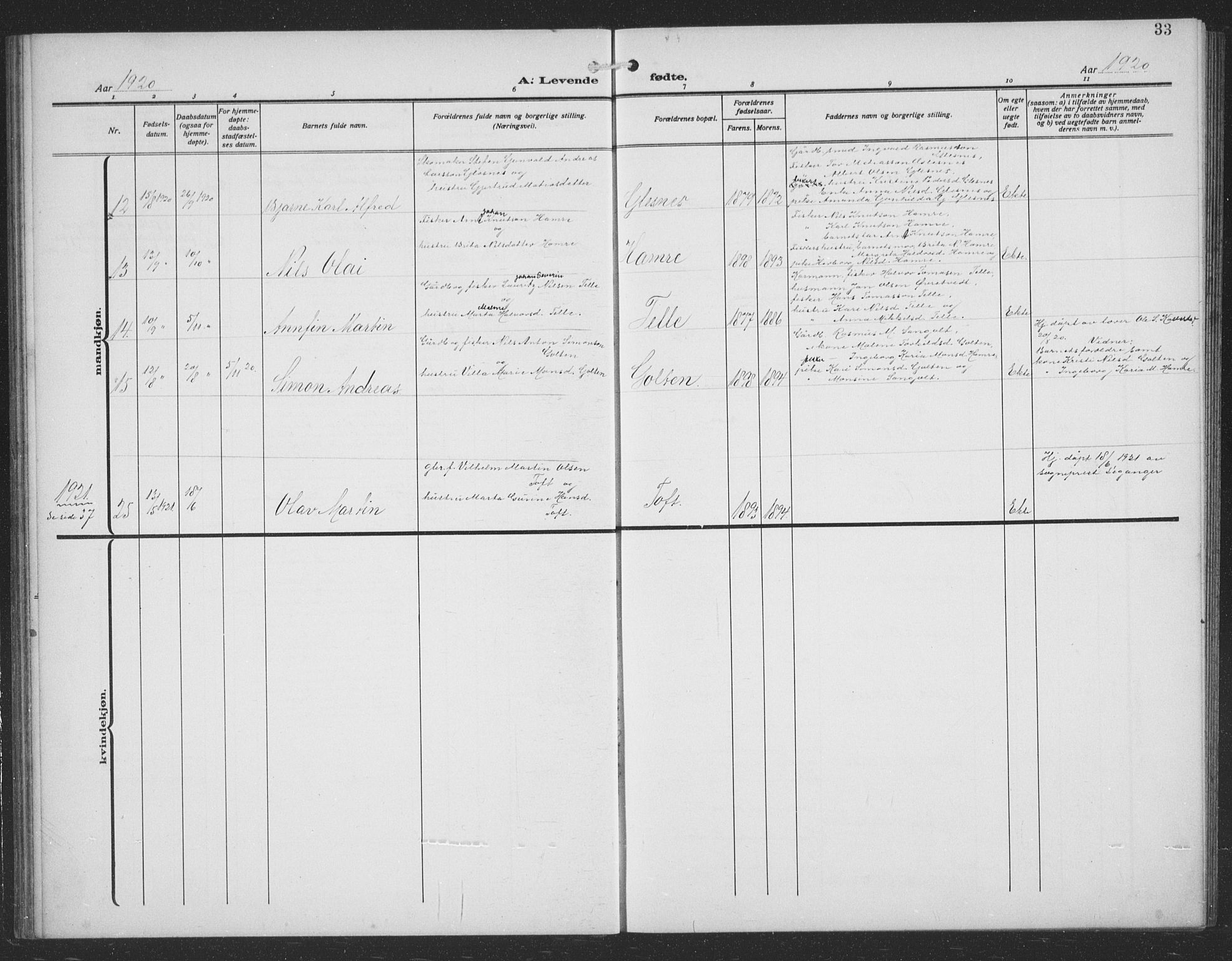 Sund sokneprestembete, AV/SAB-A-99930: Parish register (copy) no. C 1, 1913-1928, p. 33