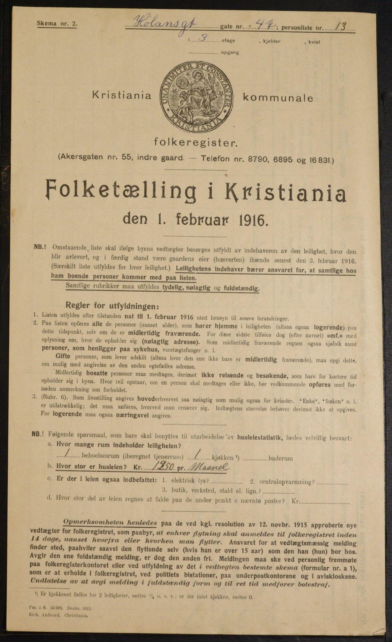 OBA, Municipal Census 1916 for Kristiania, 1916, p. 43371