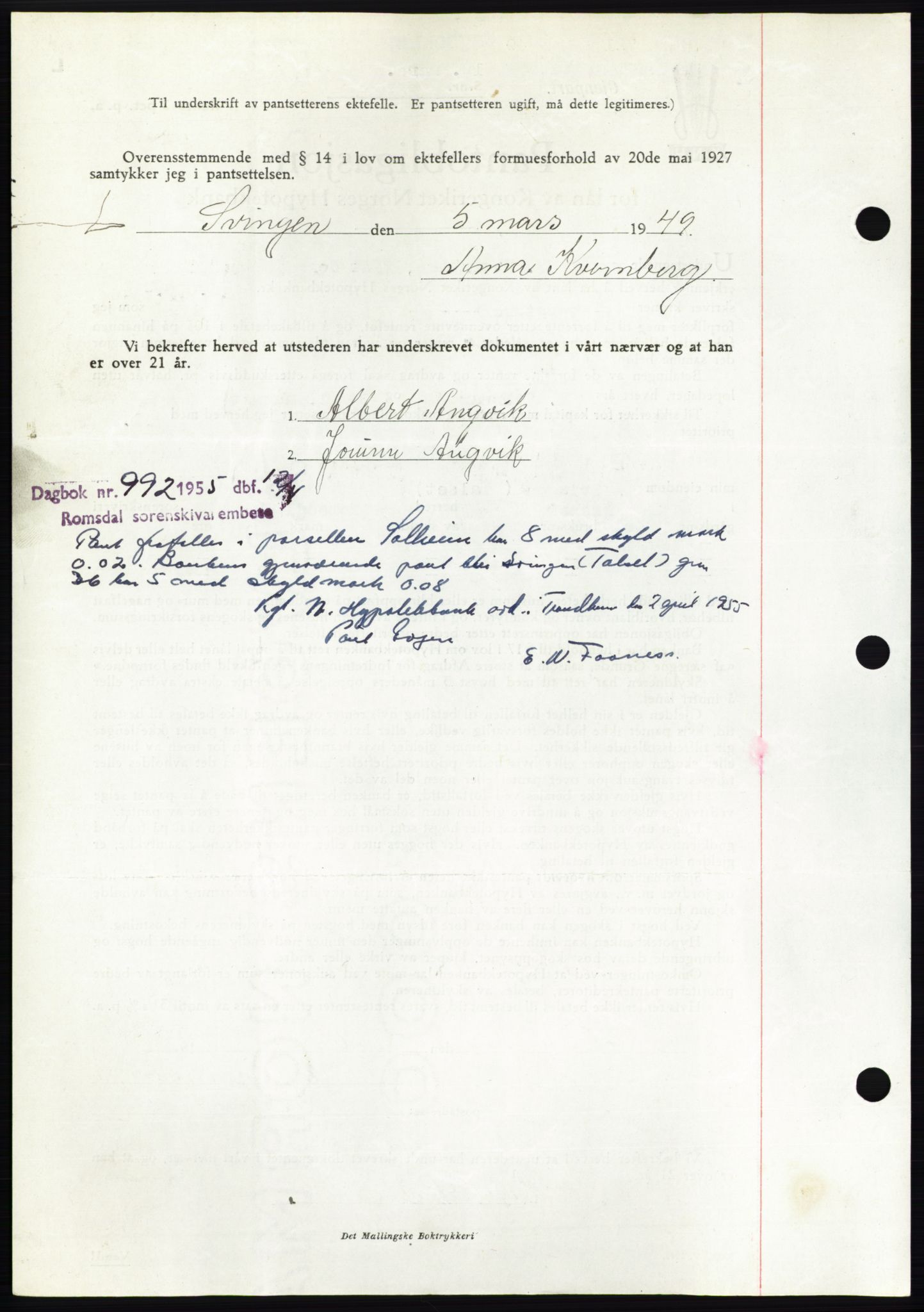 Romsdal sorenskriveri, AV/SAT-A-4149/1/2/2C: Mortgage book no. B4, 1948-1949, Diary no: : 721/1949