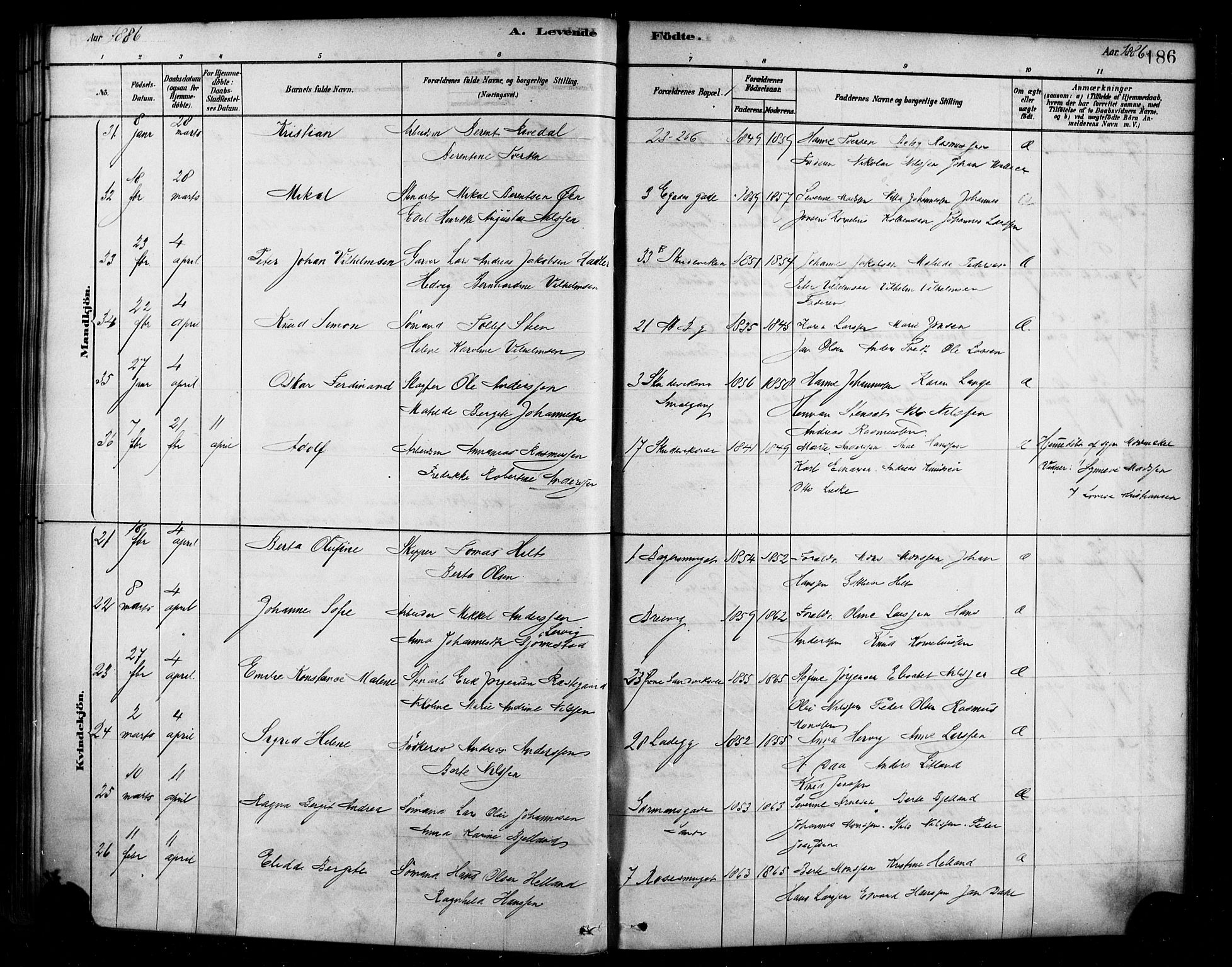 Sandviken Sokneprestembete, AV/SAB-A-77601/H/Ha/L0004: Parish register (official) no. B 1, 1878-1891, p. 186