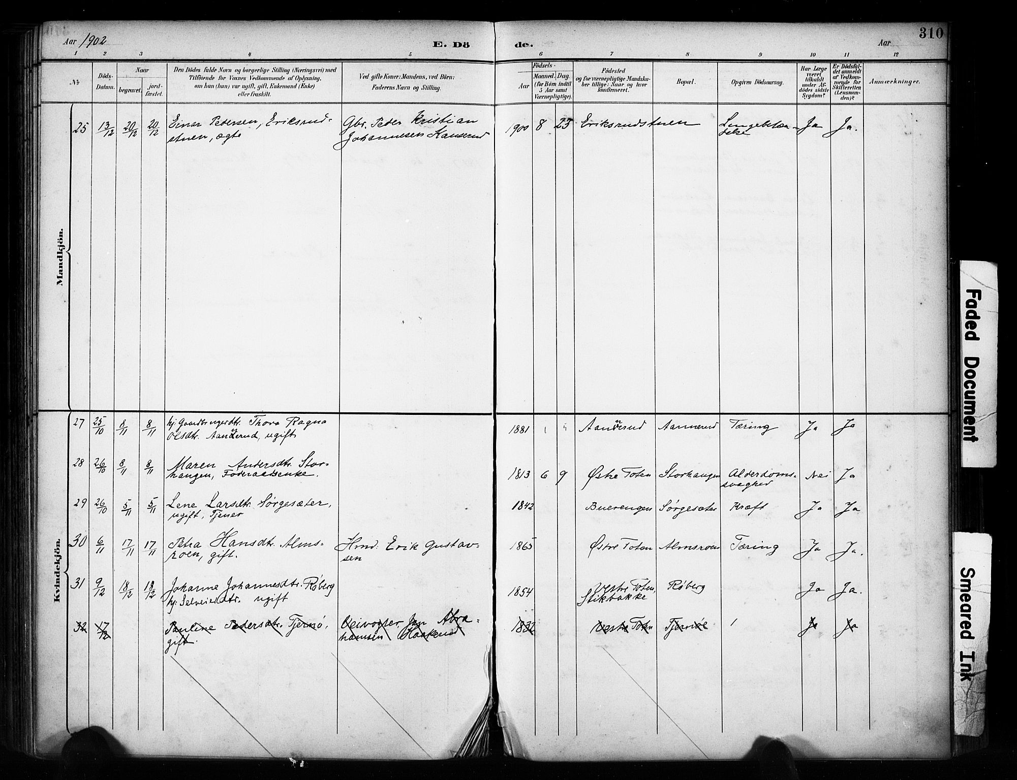 Vestre Toten prestekontor, AV/SAH-PREST-108/H/Ha/Haa/L0011: Parish register (official) no. 11, 1895-1906, p. 310