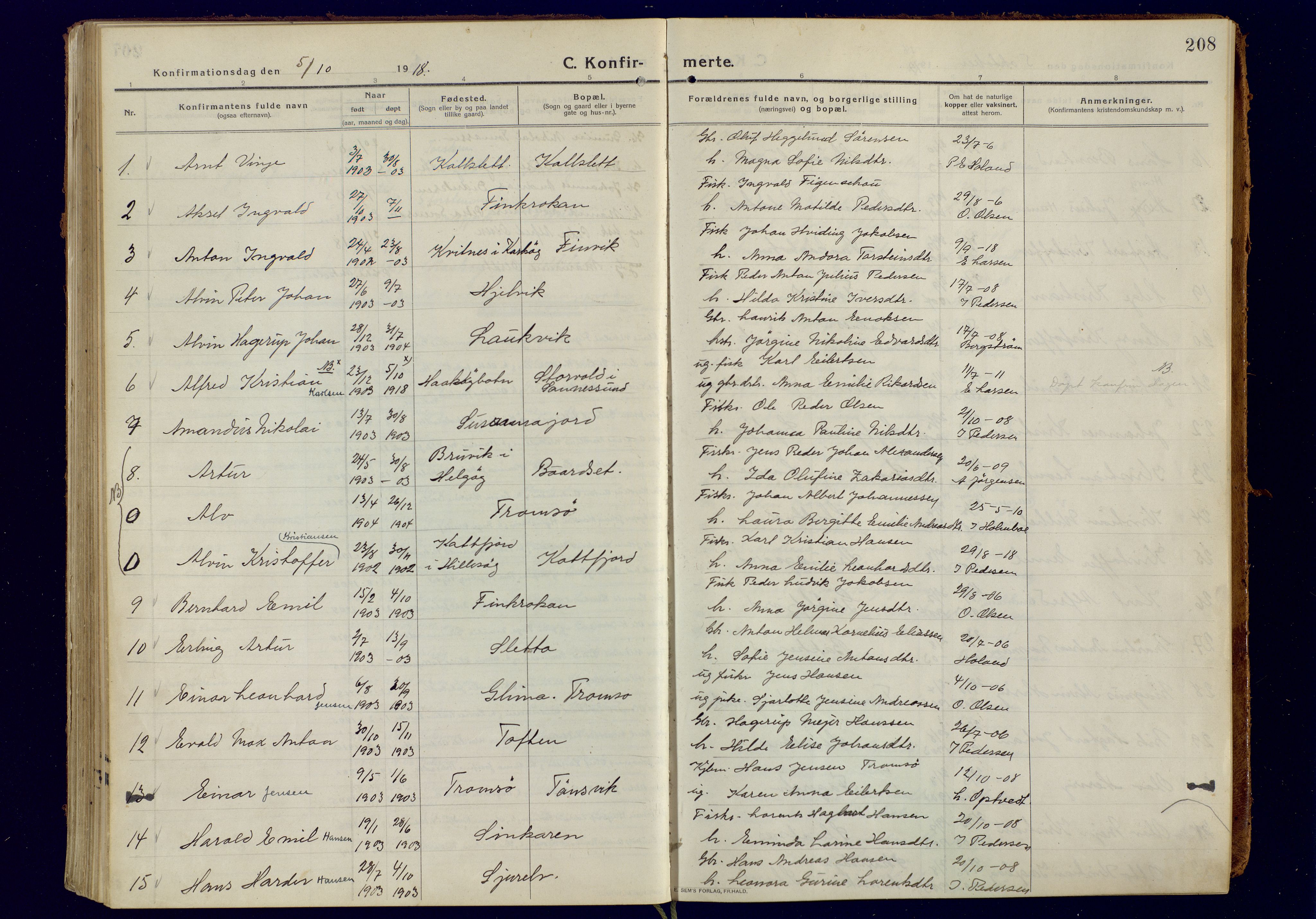 Tromsøysund sokneprestkontor, AV/SATØ-S-1304/G/Ga/L0008kirke: Parish register (official) no. 8, 1914-1922, p. 208