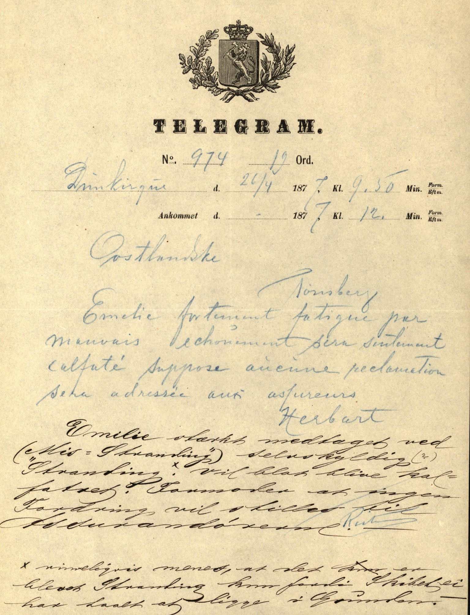 Pa 63 - Østlandske skibsassuranceforening, VEMU/A-1079/G/Ga/L0009/0023: Havaridokumenter / Emilie, 1877