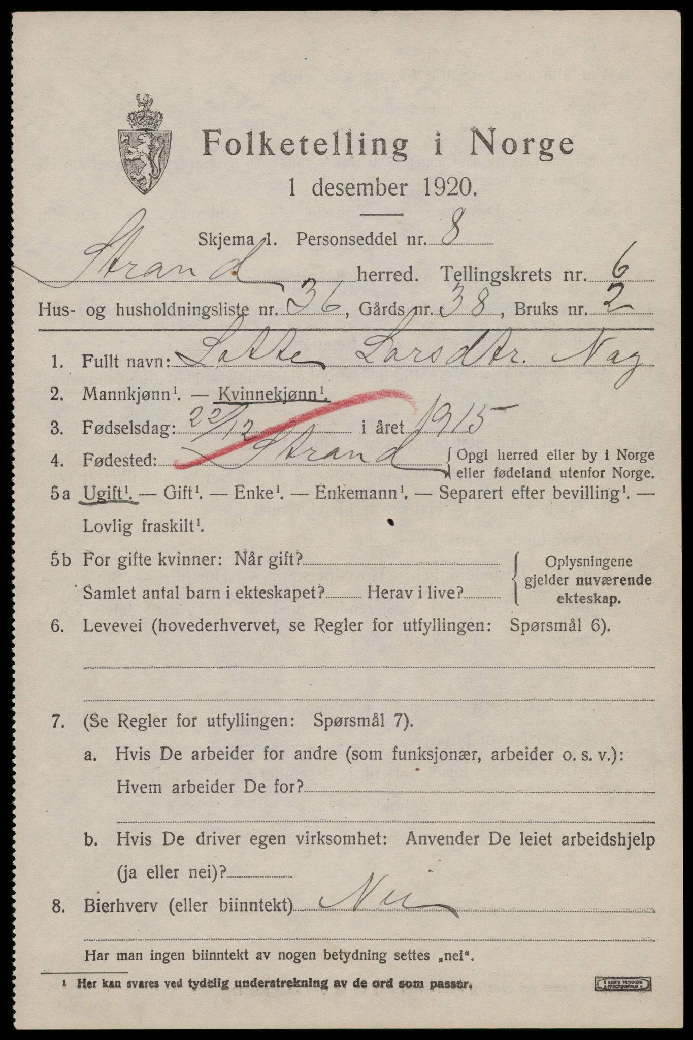 SAST, 1920 census for Strand, 1920, p. 4460