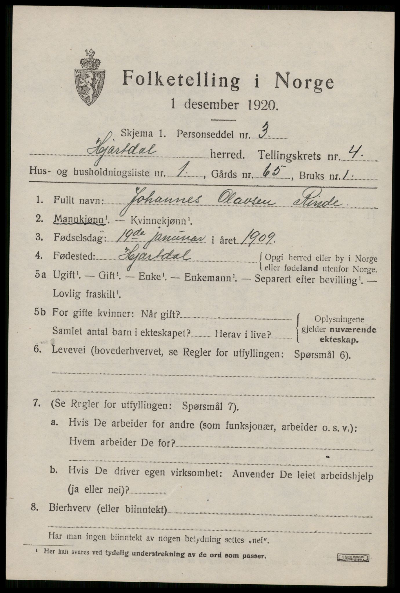 SAKO, 1920 census for Hjartdal, 1920, p. 2800