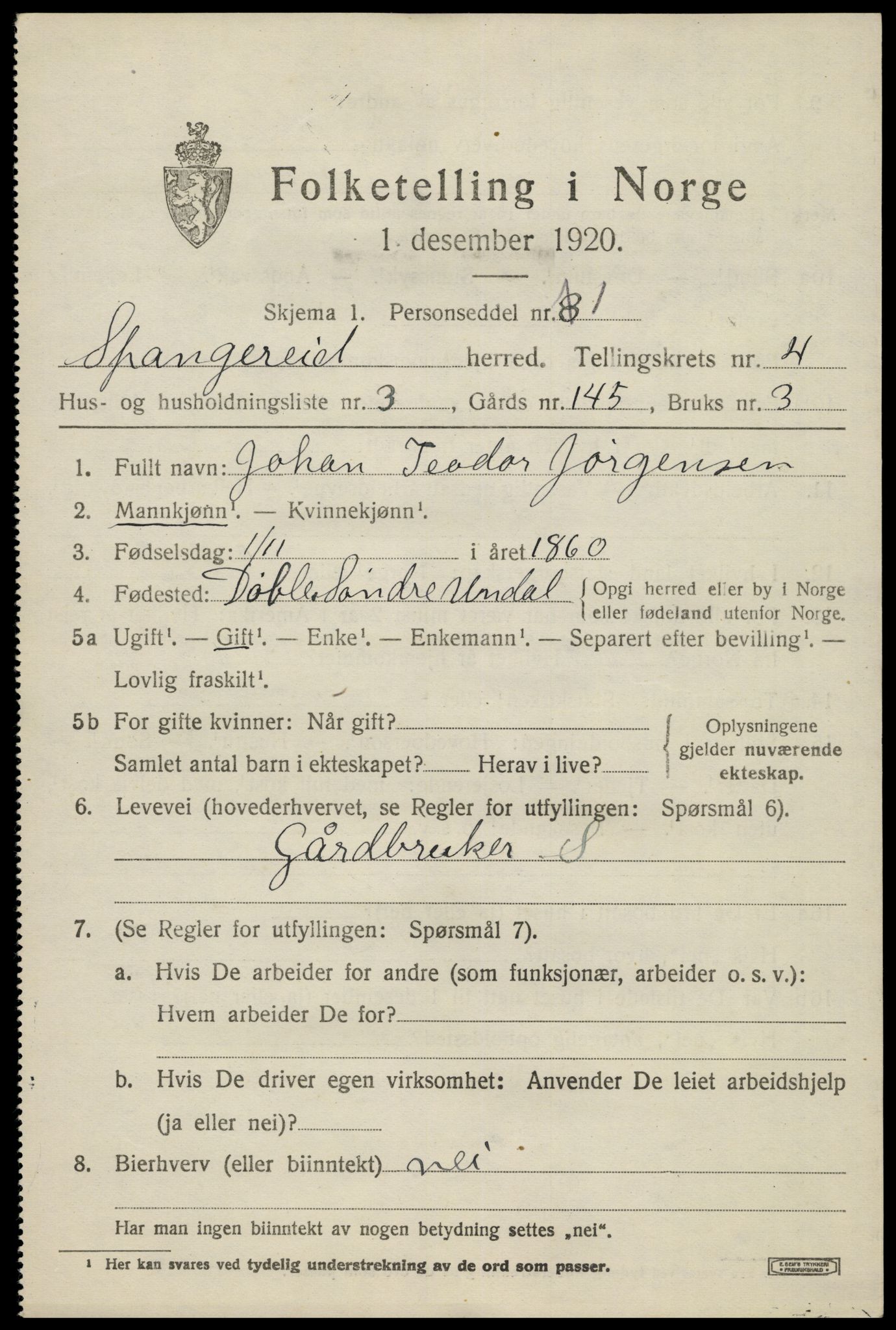 SAK, 1920 census for Spangereid, 1920, p. 1533