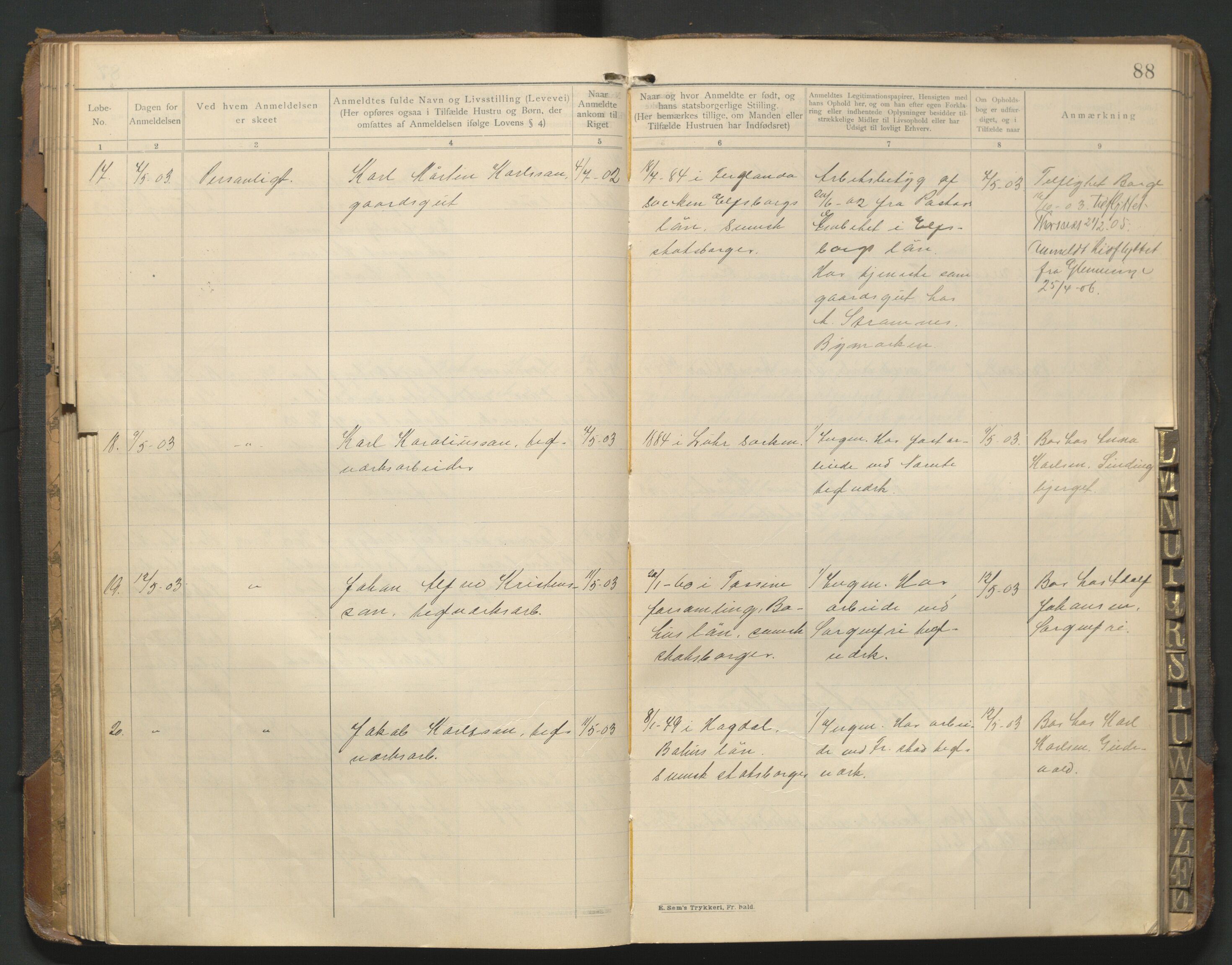 Fredrikstad politikammer, AV/SAO-A-10055/H/Hb/Hba/L0001: Protokoll over fremmede statsborgere, 1901-1916, p. 87b-88a