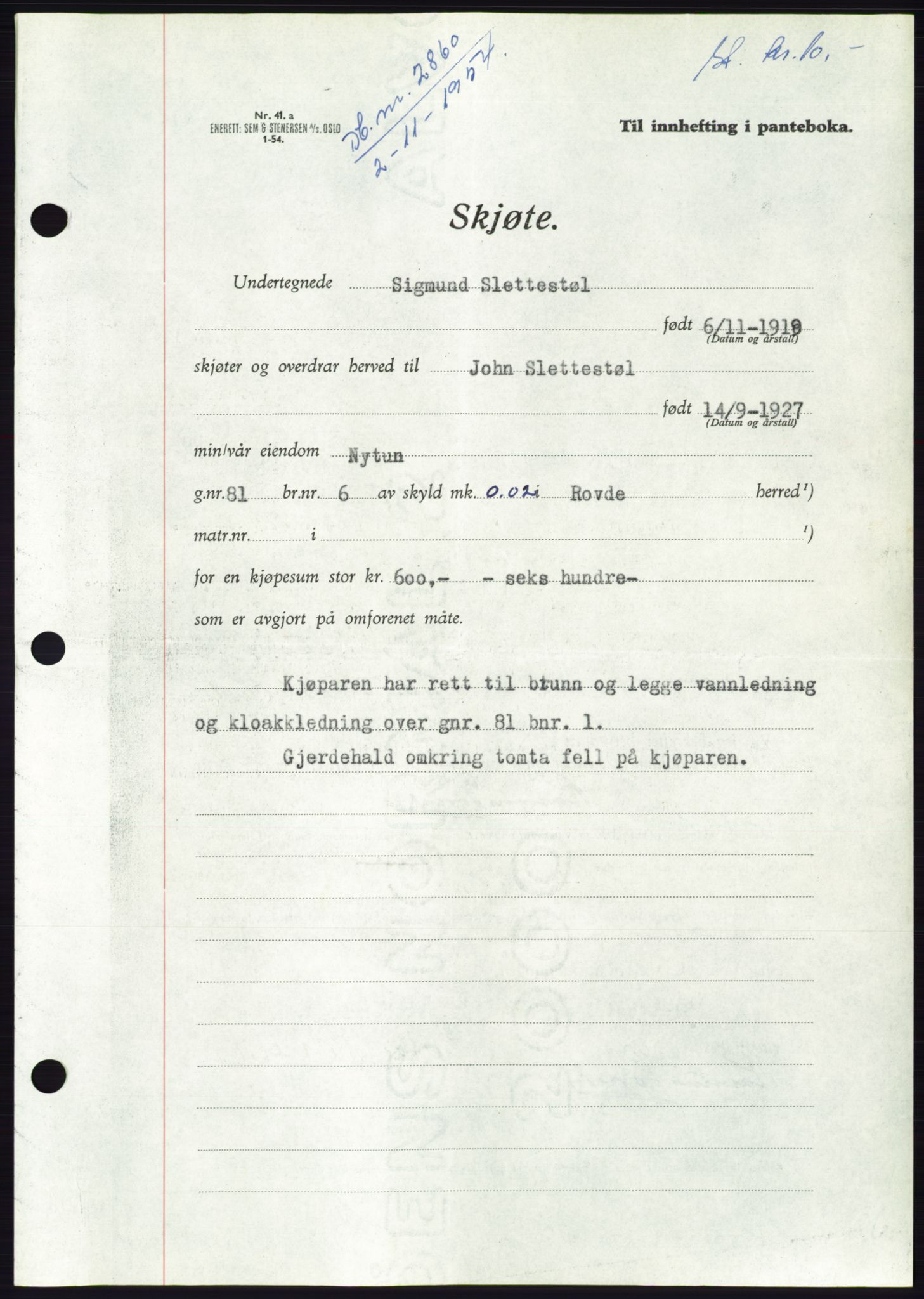 Søre Sunnmøre sorenskriveri, AV/SAT-A-4122/1/2/2C/L0099: Mortgage book no. 25A, 1954-1954, Diary no: : 2860/1954