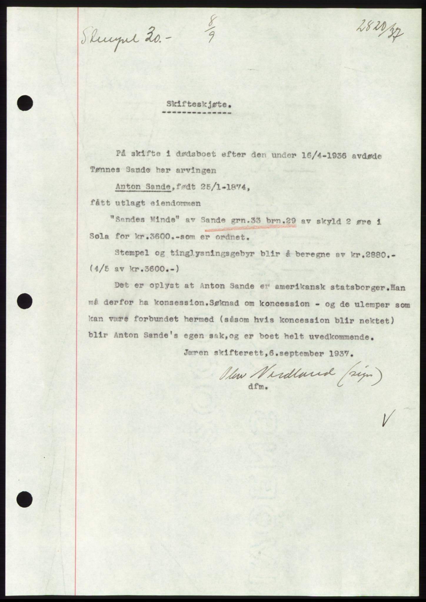 Jæren sorenskriveri, SAST/A-100310/03/G/Gba/L0069: Mortgage book, 1937-1937, Diary no: : 2820/1937