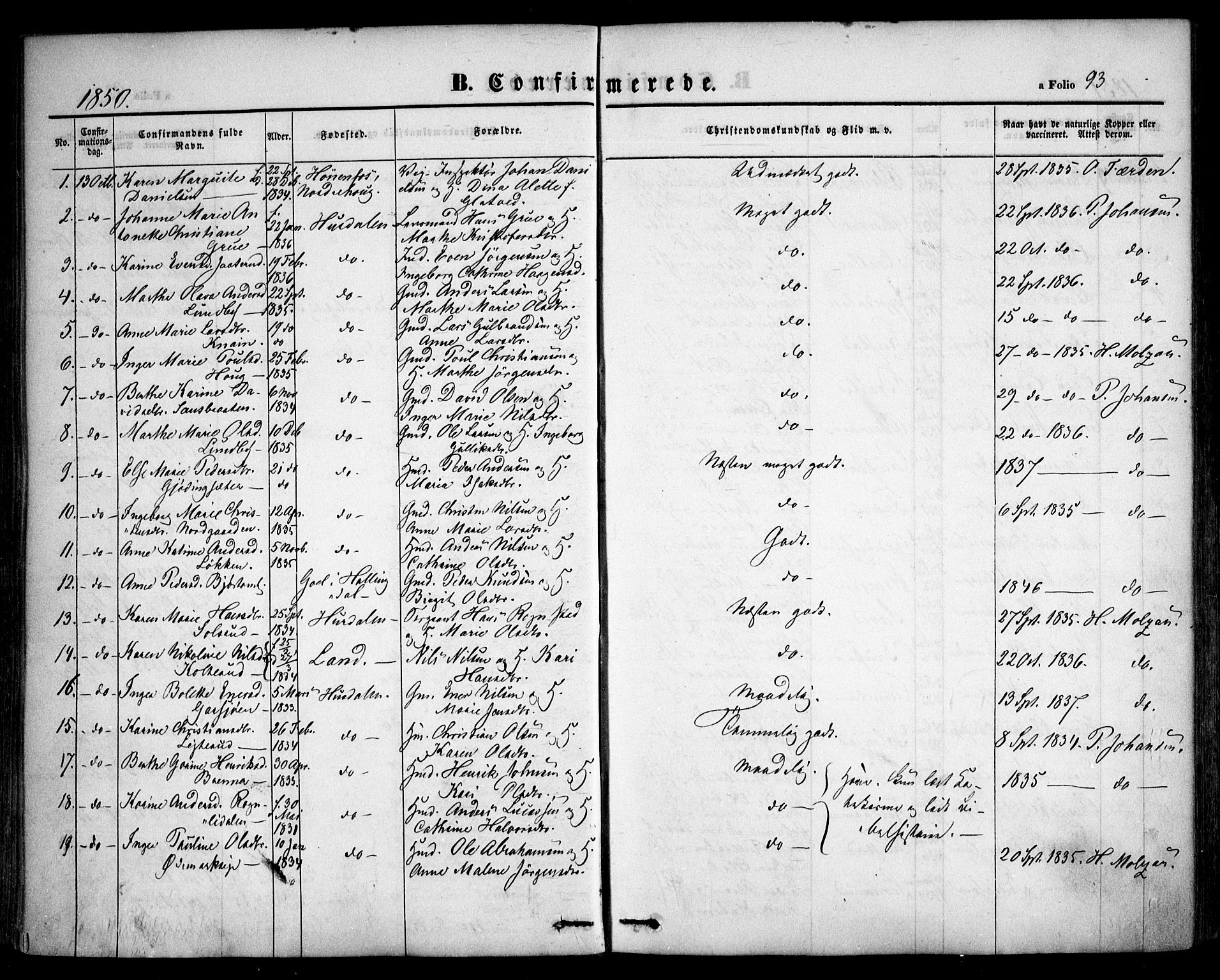 Hurdal prestekontor Kirkebøker, AV/SAO-A-10889/F/Fa/L0005: Parish register (official) no. I 5, 1846-1859, p. 93