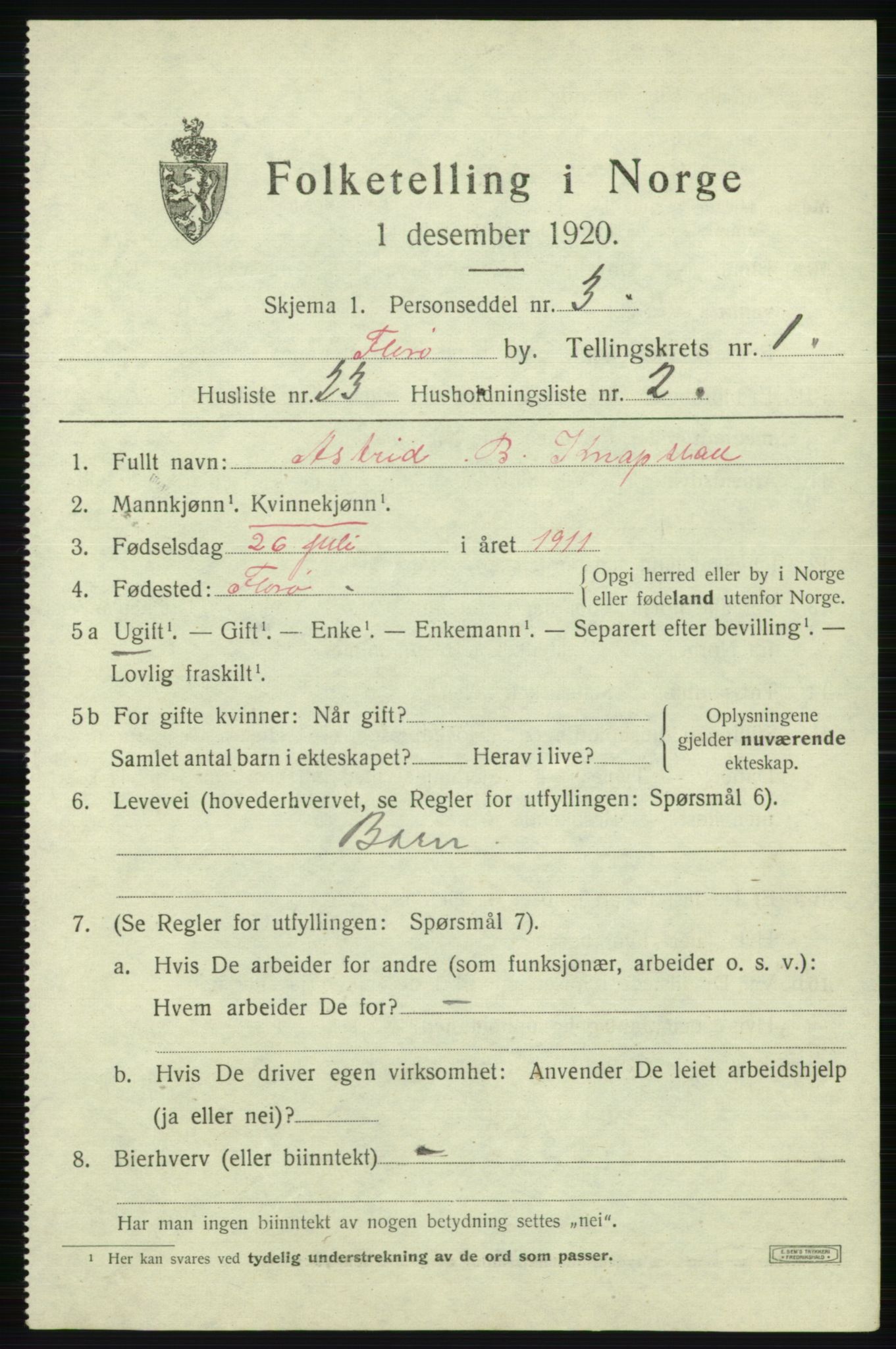 SAB, 1920 census for Florø, 1920, p. 1532