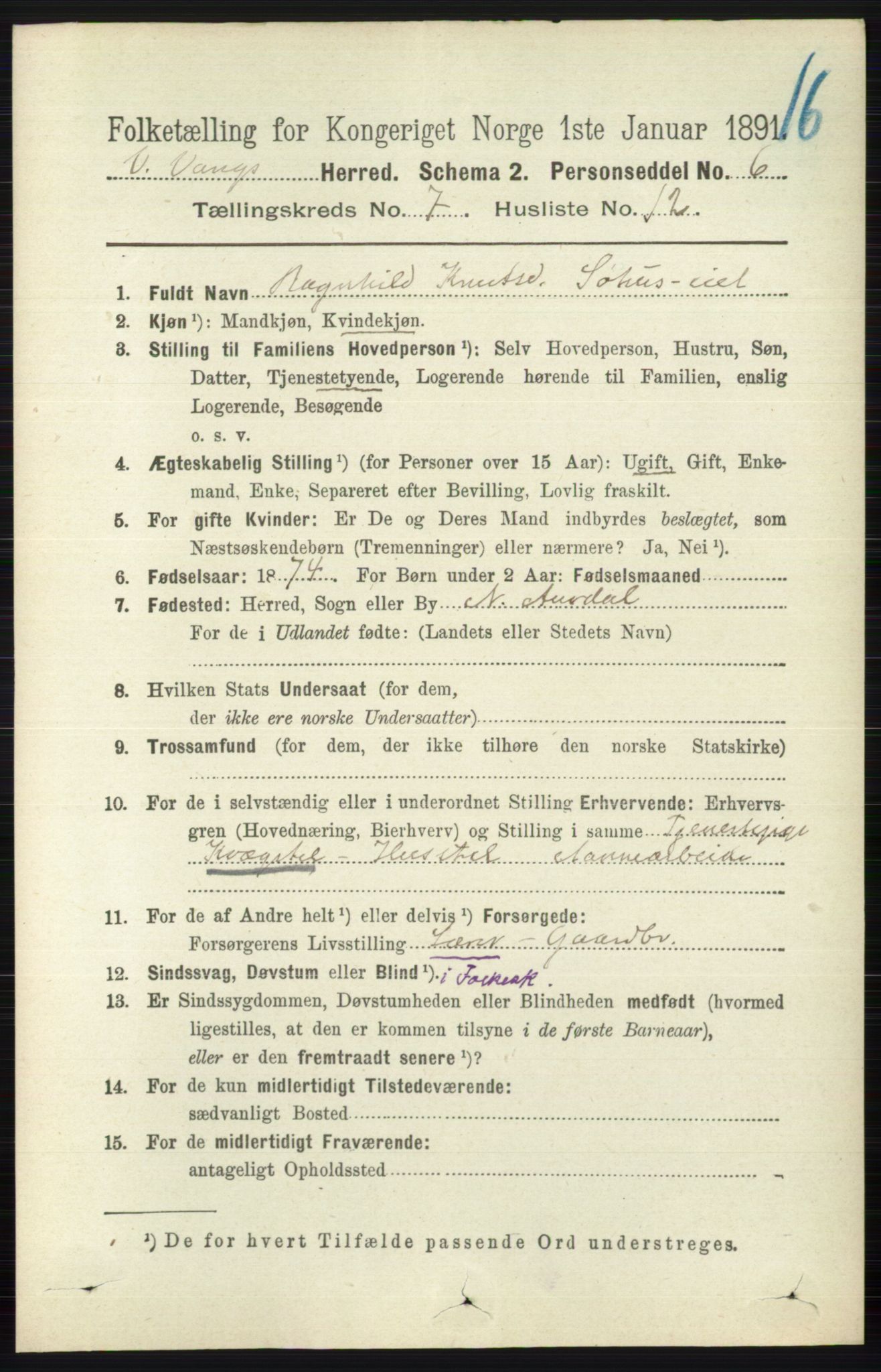 RA, 1891 census for 0545 Vang, 1891, p. 1503