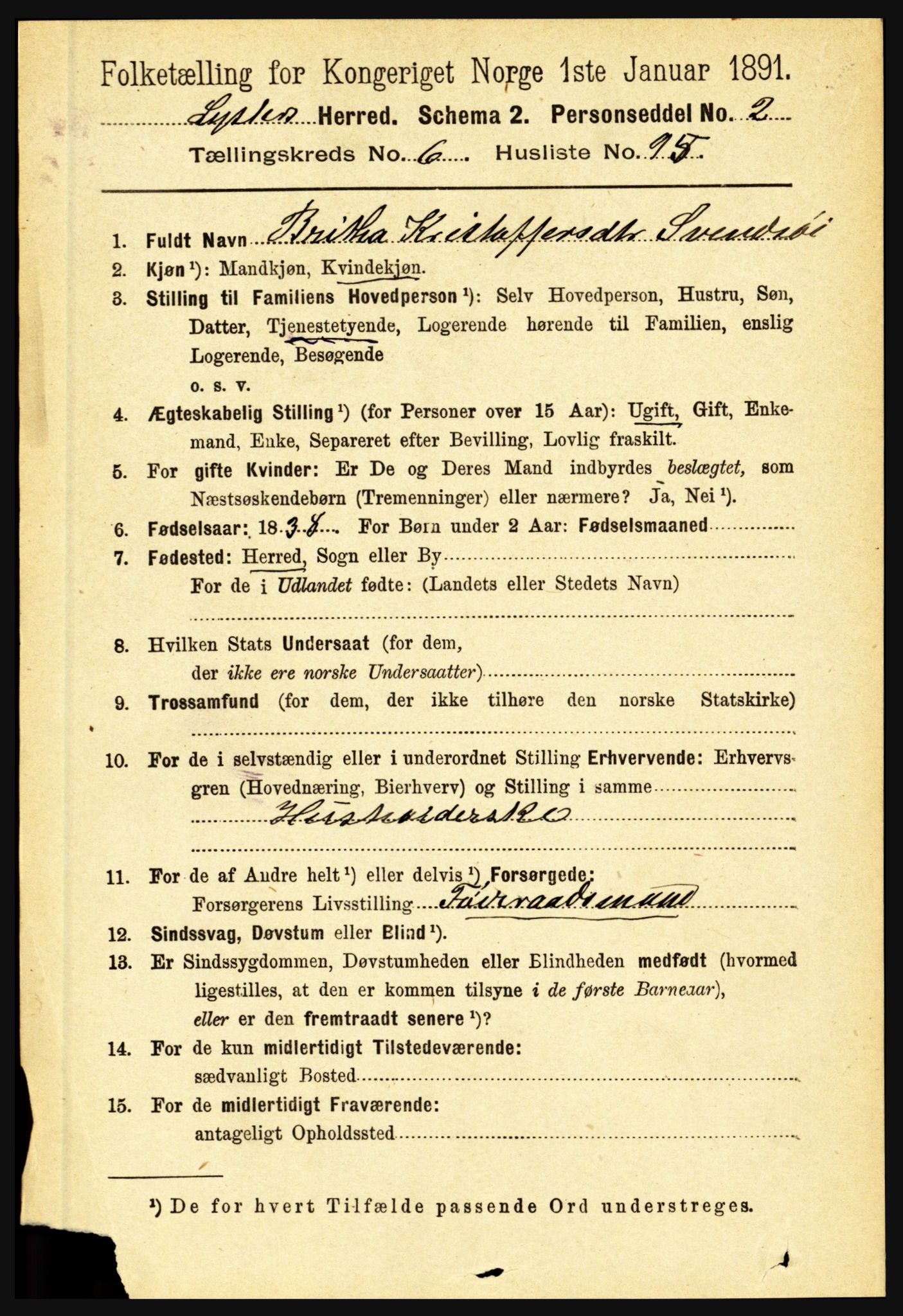 RA, 1891 census for 1426 Luster, 1891, p. 2596