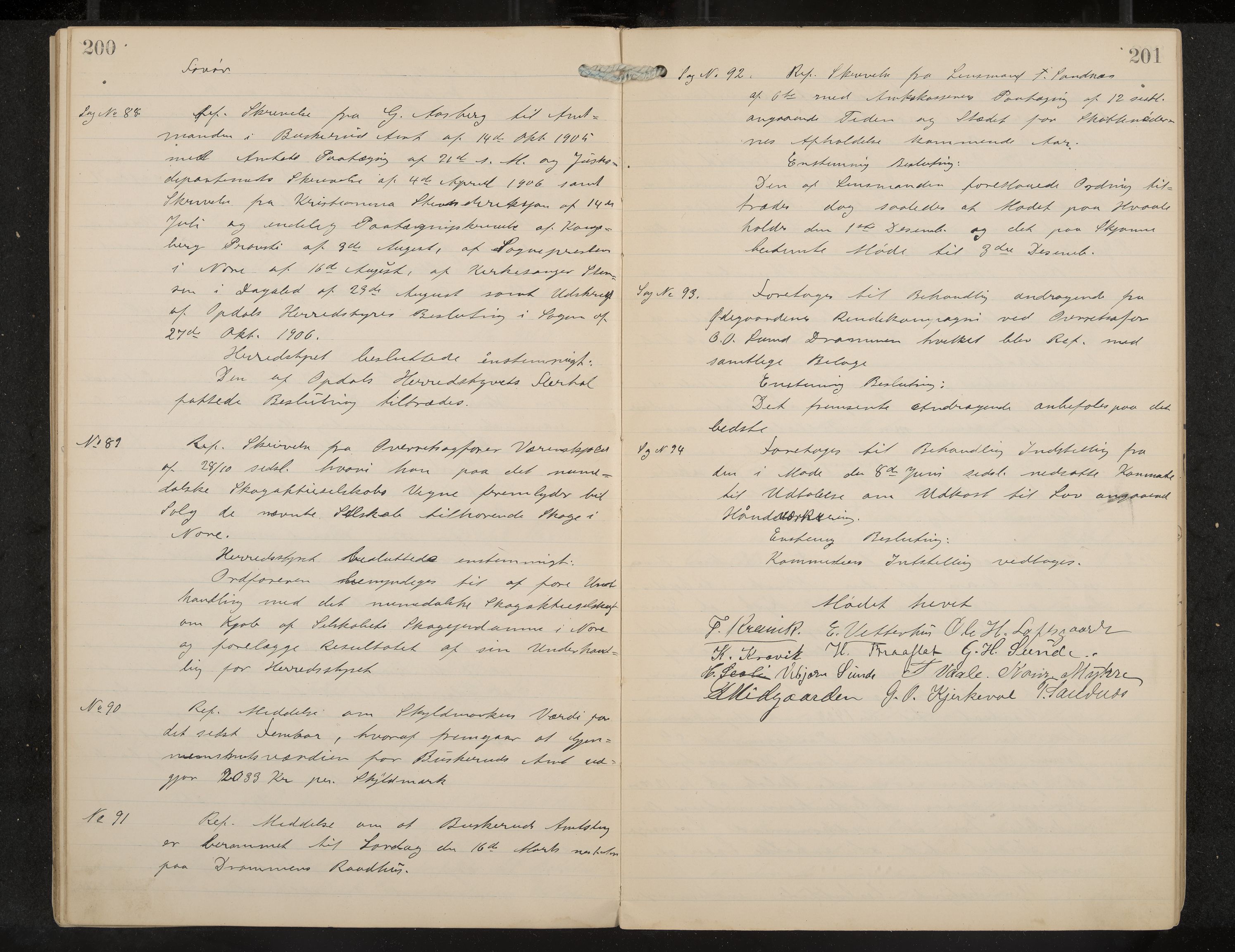 Nore formannskap og sentraladministrasjon, IKAK/0633021-2/A/Aa/L0001: Møtebok, 1901-1911, p. 200-201