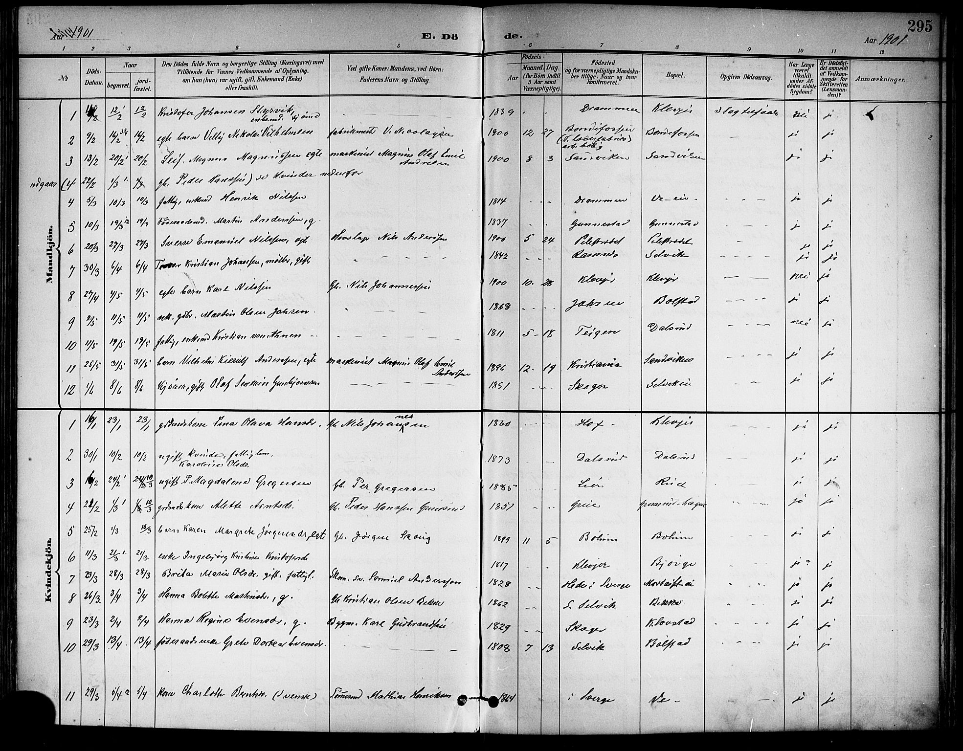 Sande Kirkebøker, AV/SAKO-A-53/G/Ga/L0004: Parish register (copy) no. 4, 1895-1918, p. 295