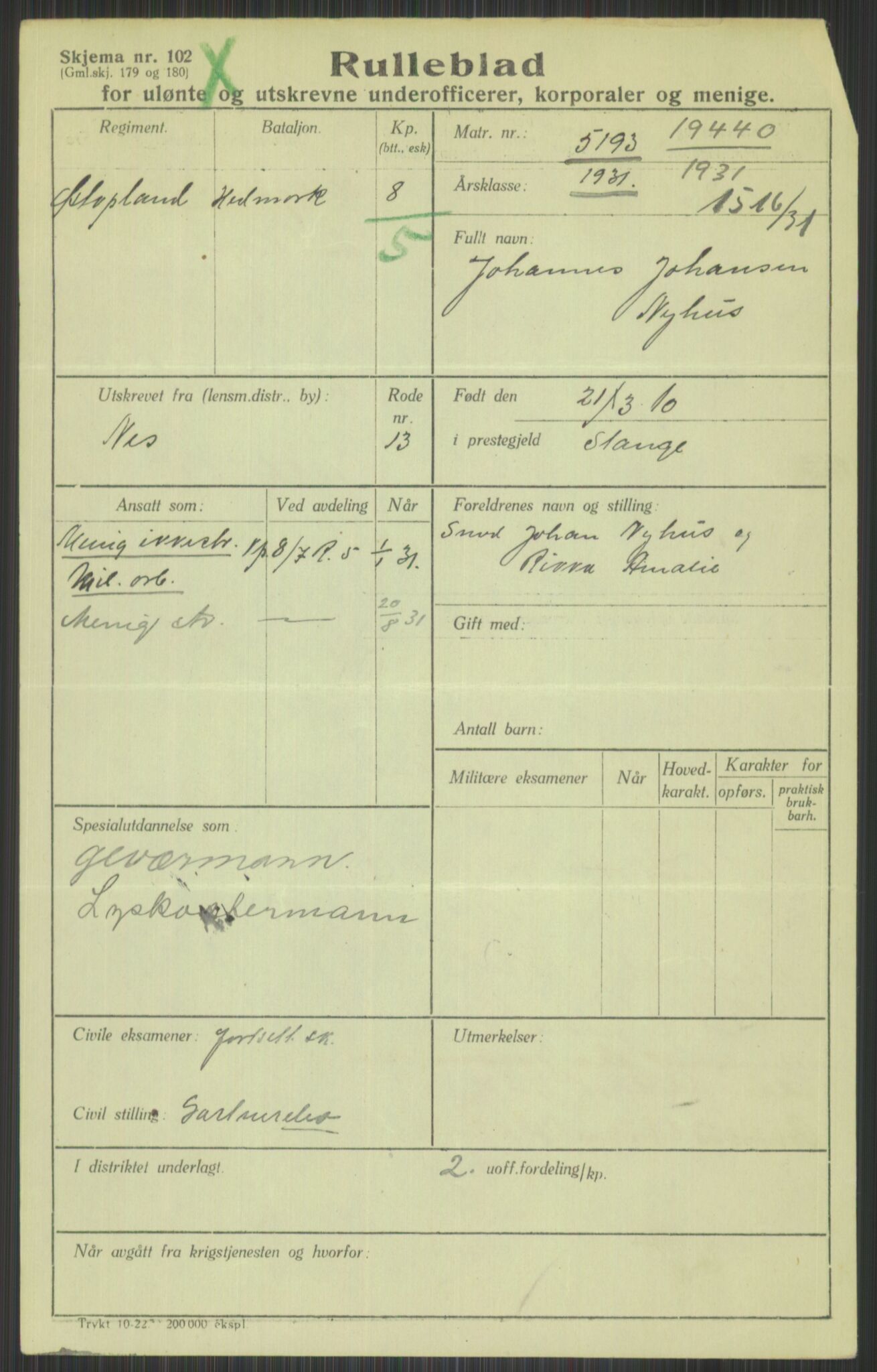 Forsvaret, Troms infanteriregiment nr. 16, AV/RA-RAFA-3146/P/Pa/L0015: Rulleblad for regimentets menige mannskaper, årsklasse 1931, 1931, p. 853