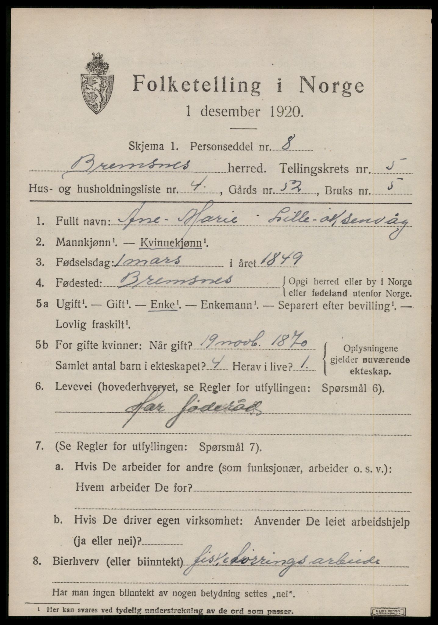 SAT, 1920 census for Bremsnes, 1920, p. 4415