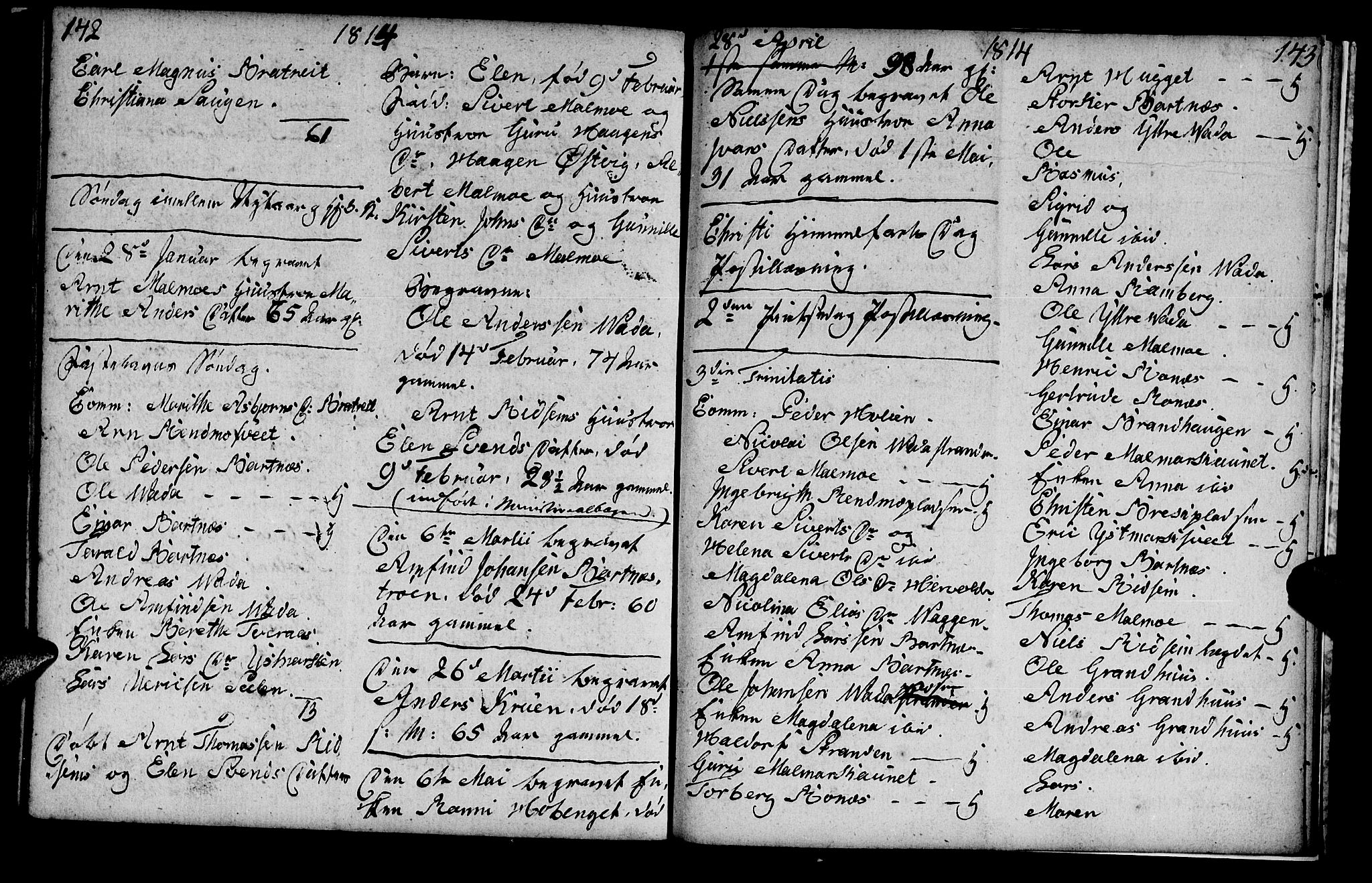 Ministerialprotokoller, klokkerbøker og fødselsregistre - Nord-Trøndelag, SAT/A-1458/745/L0432: Parish register (copy) no. 745C01, 1802-1814, p. 142-143