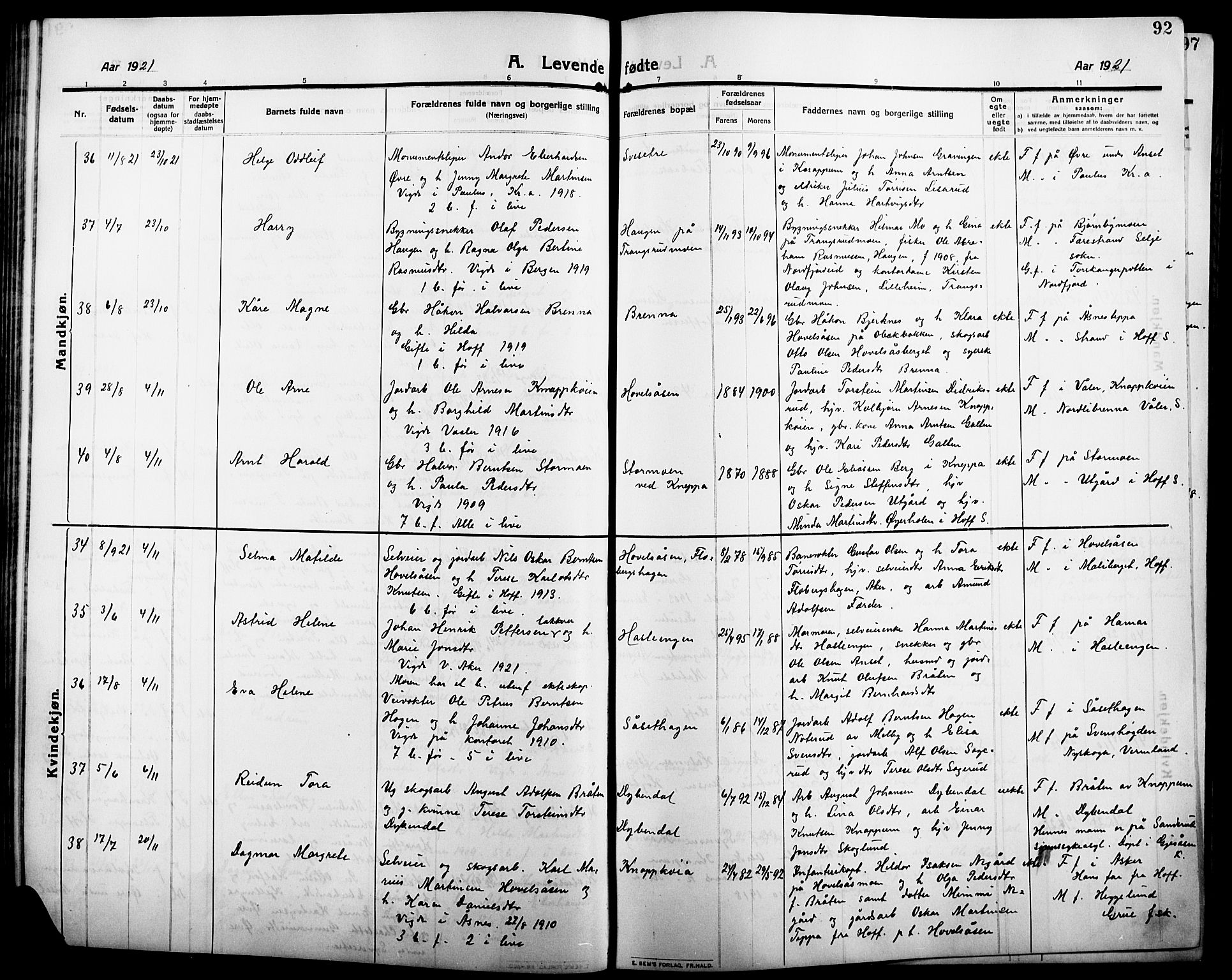 Åsnes prestekontor, AV/SAH-PREST-042/H/Ha/Hab/L0007: Parish register (copy) no. 7, 1909-1926, p. 92