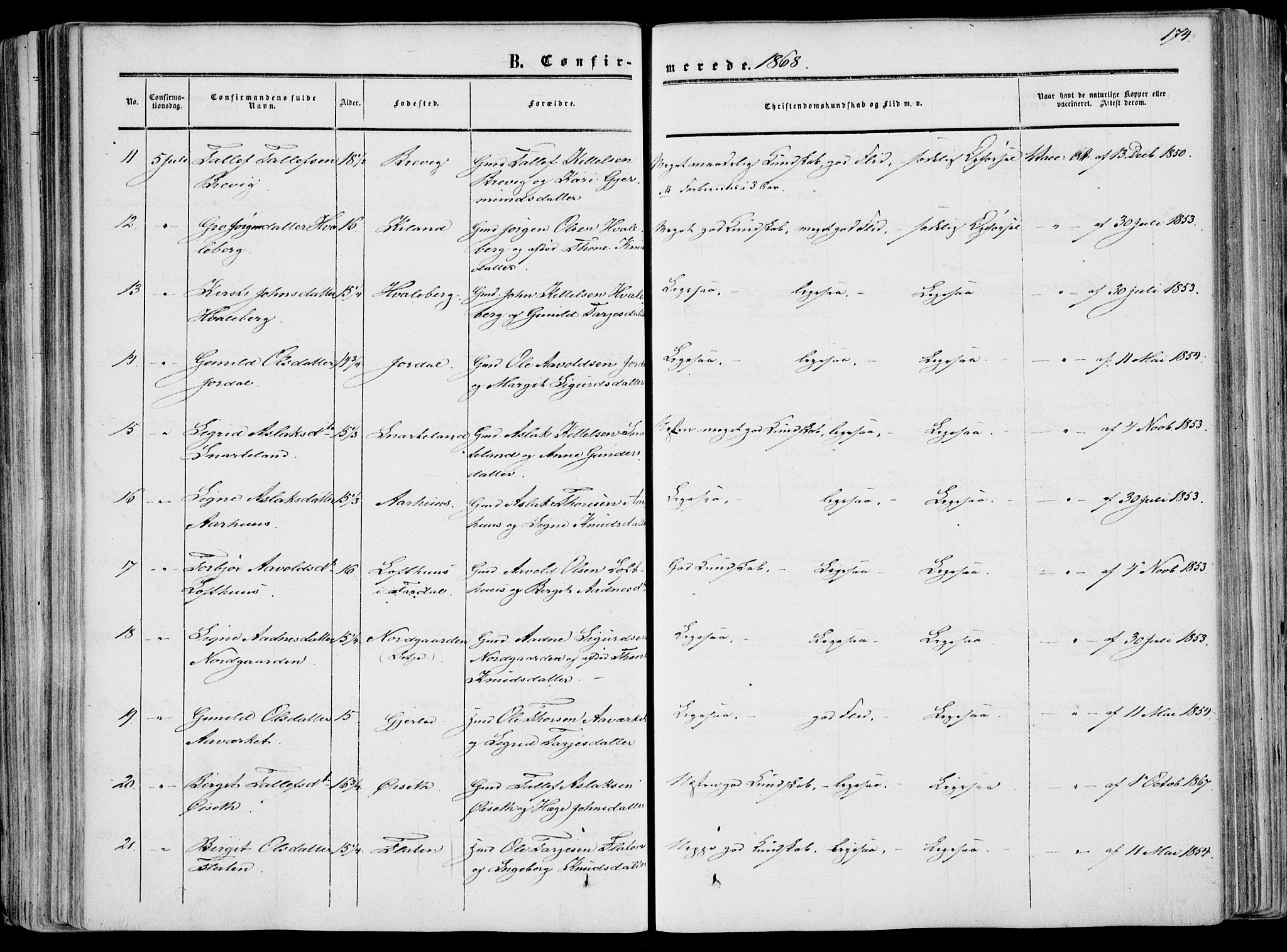 Fyresdal kirkebøker, SAKO/A-263/F/Fa/L0005: Parish register (official) no. I 5, 1855-1871, p. 174