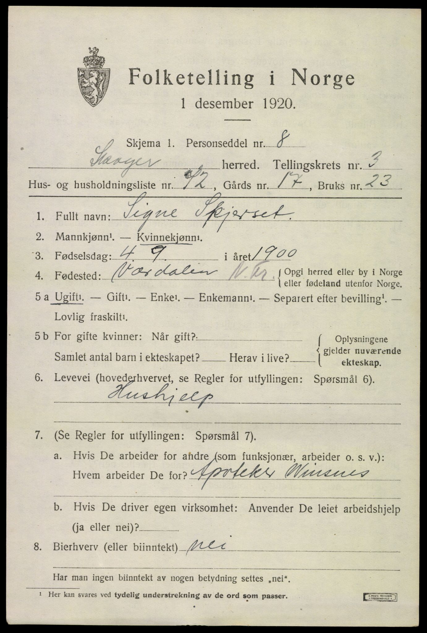 SAKO, 1920 census for Skoger, 1920, p. 8473