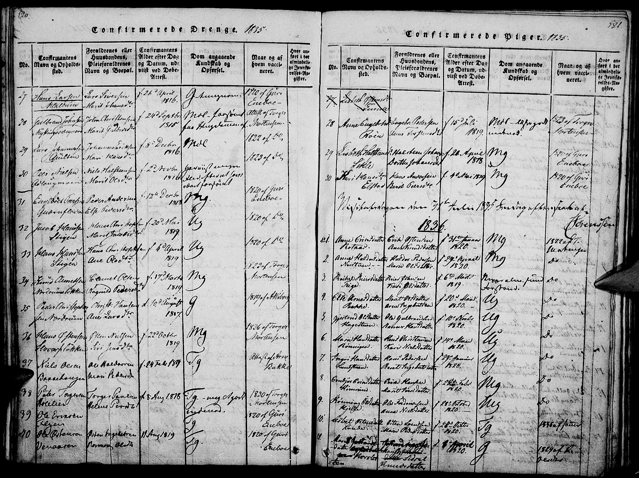 Ringebu prestekontor, SAH/PREST-082/H/Ha/Haa/L0004: Parish register (official) no. 4, 1821-1839, p. 520-521