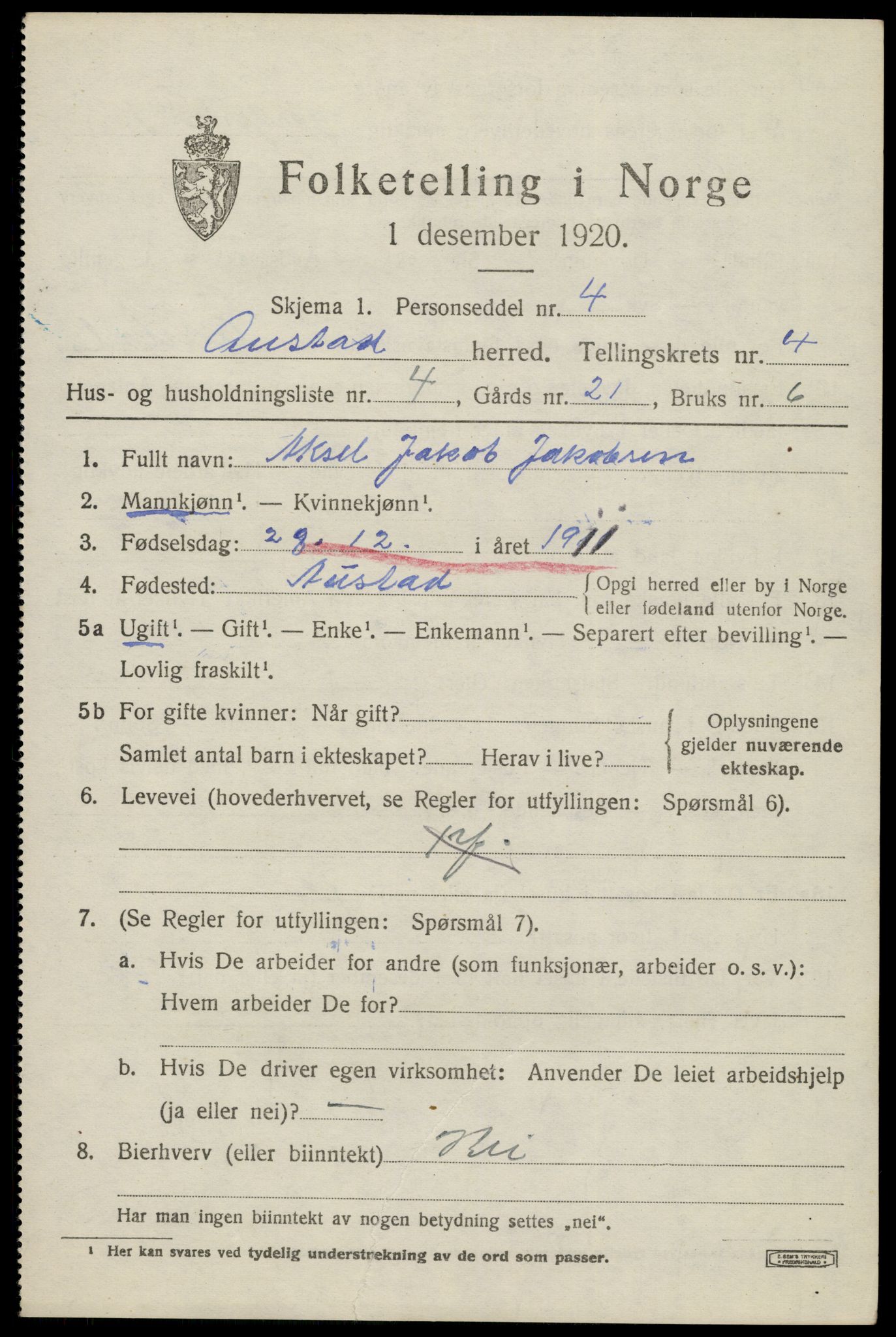 SAK, 1920 census for Austad, 1920, p. 1445