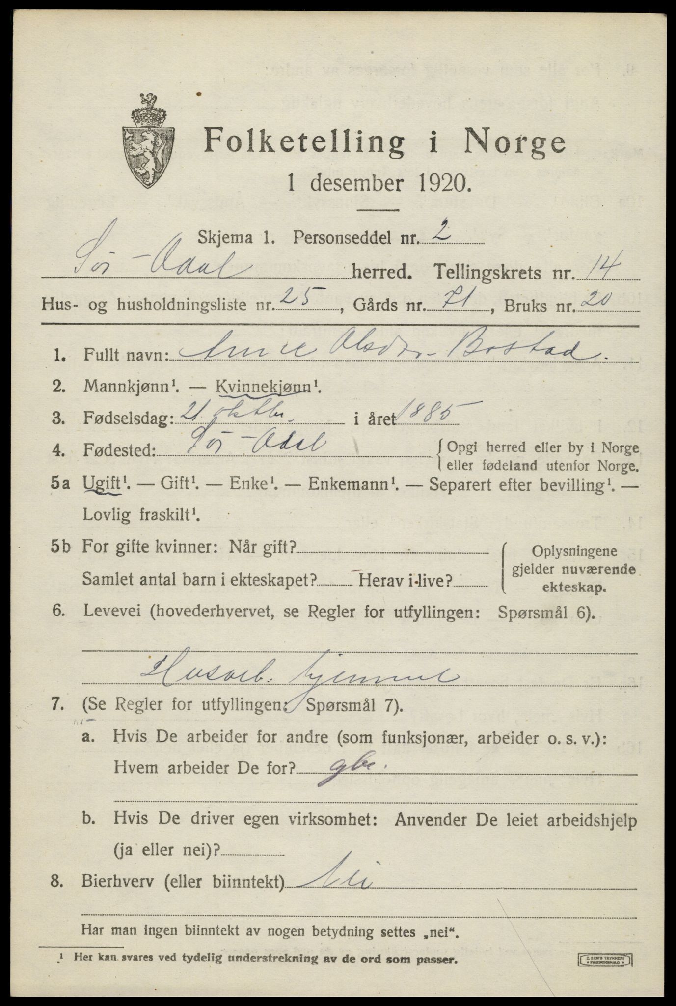 SAH, 1920 census for Sør-Odal, 1920, p. 14217