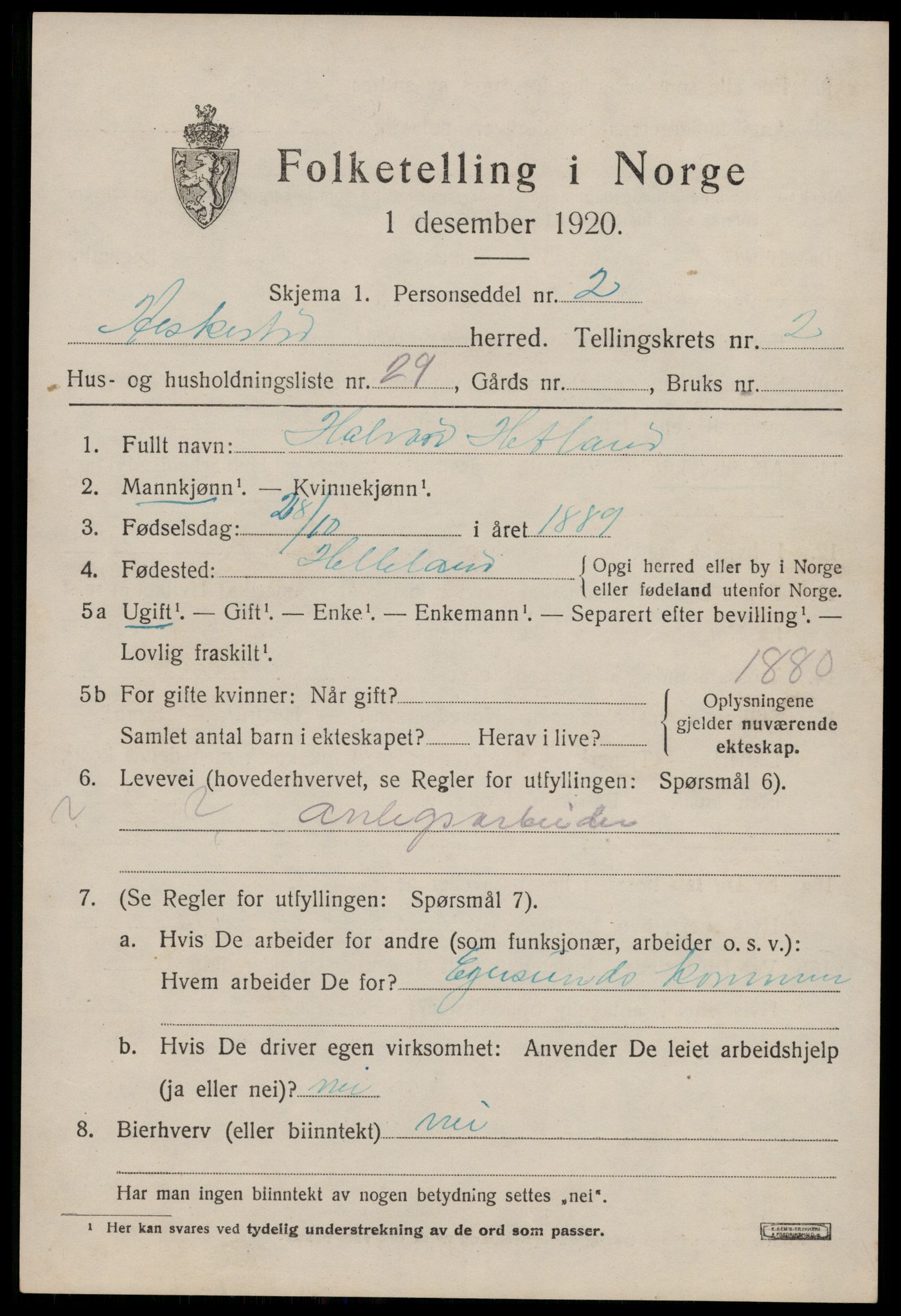 SAST, 1920 census for Heskestad, 1920, p. 929