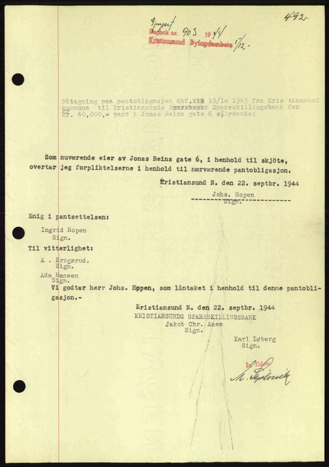 Kristiansund byfogd, SAT/A-4587/A/27: Mortgage book no. 37-38, 1943-1945, Diary no: : 903/1944