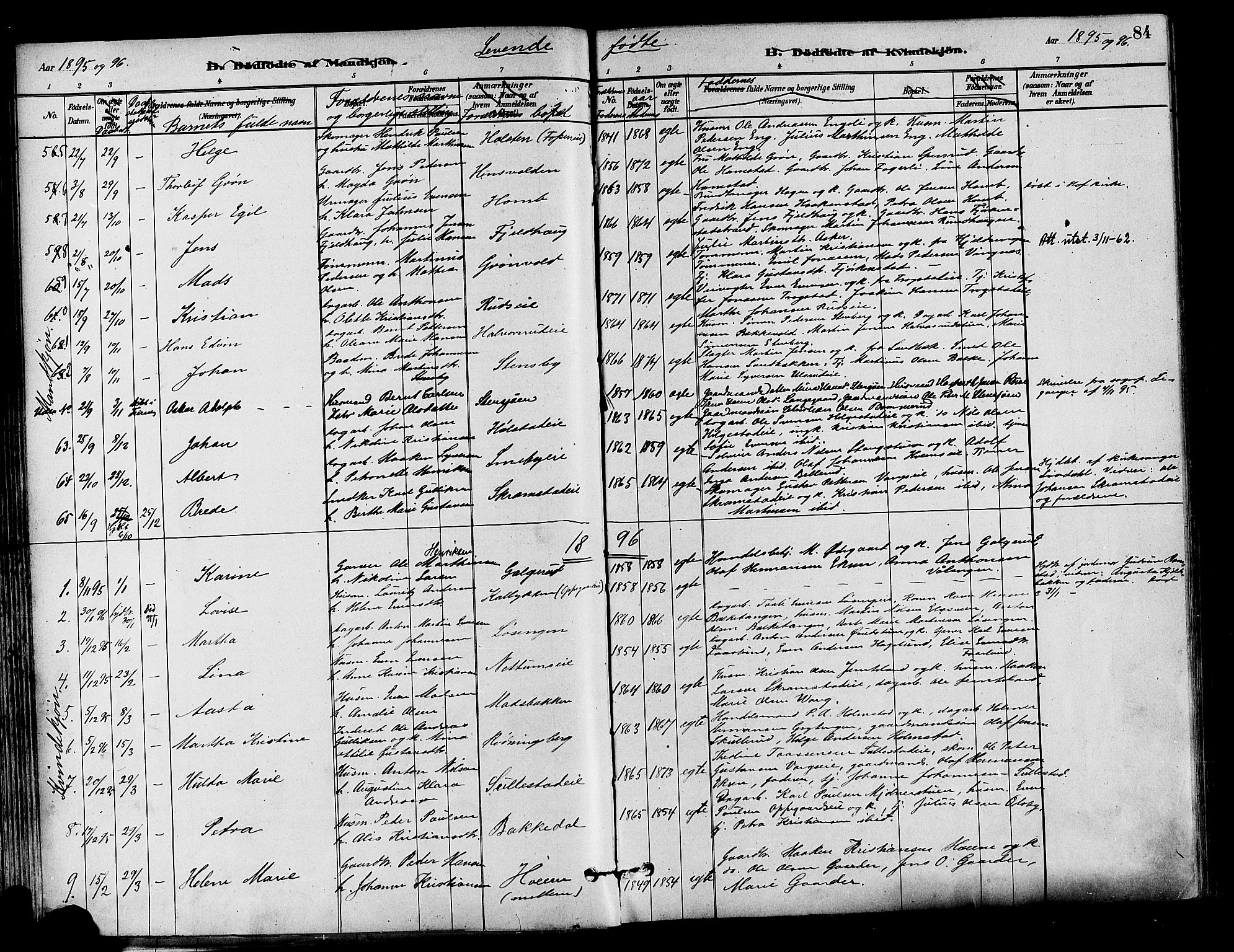 Østre Toten prestekontor, SAH/PREST-104/H/Ha/Haa/L0007: Parish register (official) no. 7, 1881-1896, p. 84