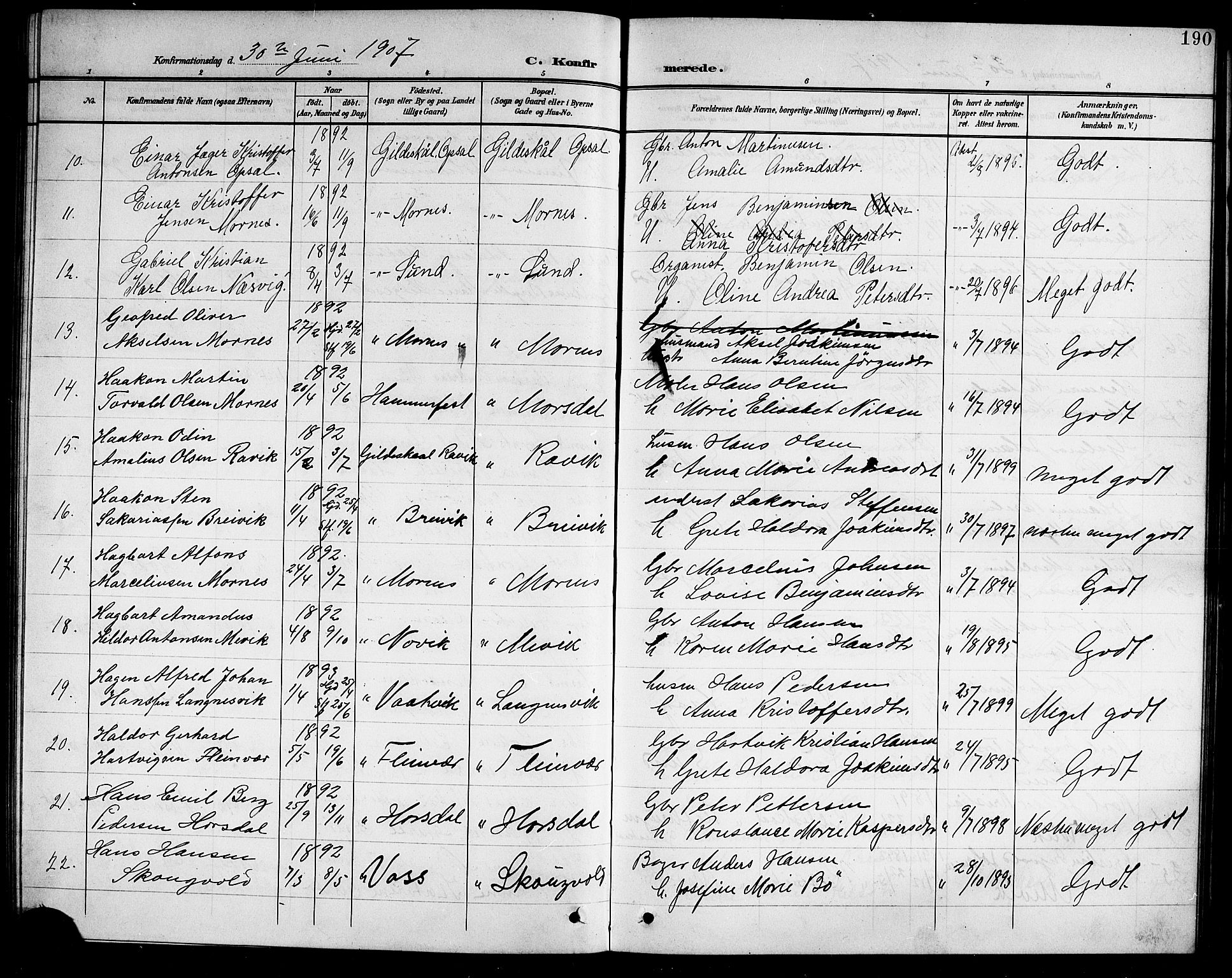 Ministerialprotokoller, klokkerbøker og fødselsregistre - Nordland, AV/SAT-A-1459/805/L0109: Parish register (copy) no. 805C05, 1900-1911, p. 190