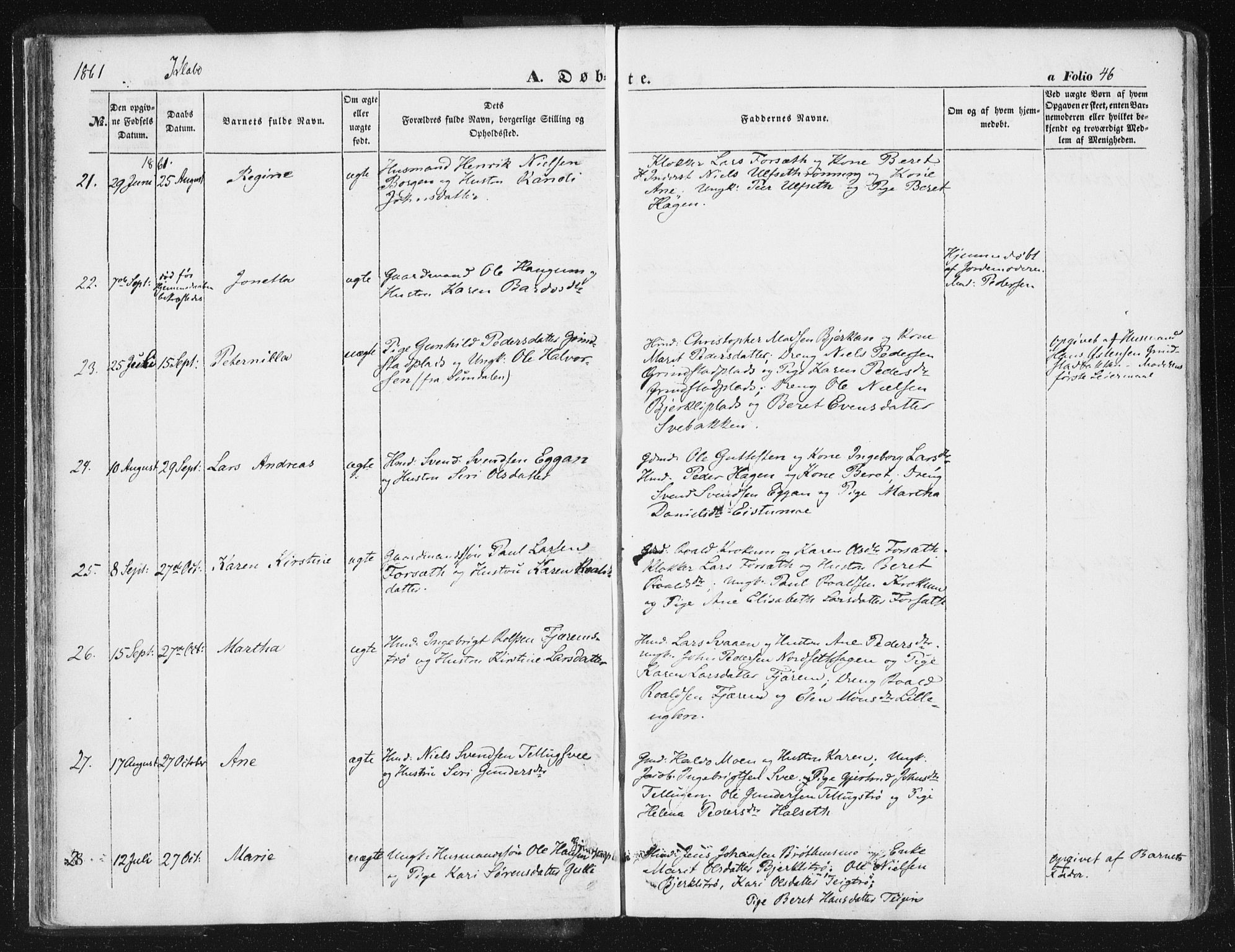 Ministerialprotokoller, klokkerbøker og fødselsregistre - Sør-Trøndelag, SAT/A-1456/618/L0441: Parish register (official) no. 618A05, 1843-1862, p. 46