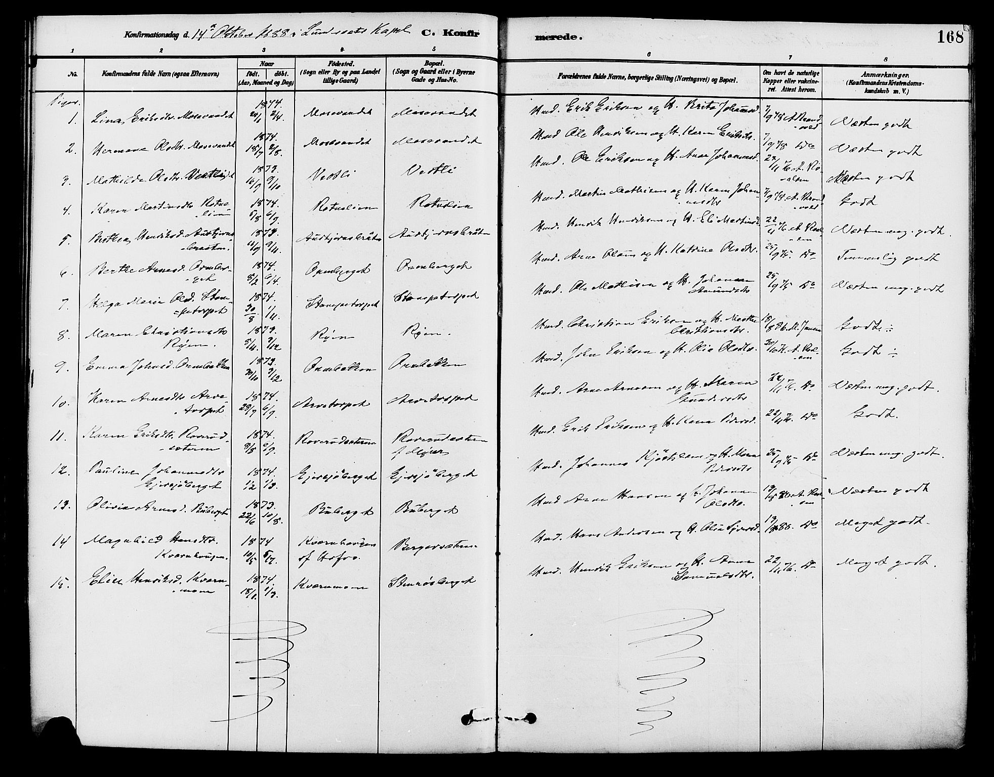 Brandval prestekontor, AV/SAH-PREST-034/H/Ha/Haa/L0002: Parish register (official) no. 2, 1880-1894, p. 168