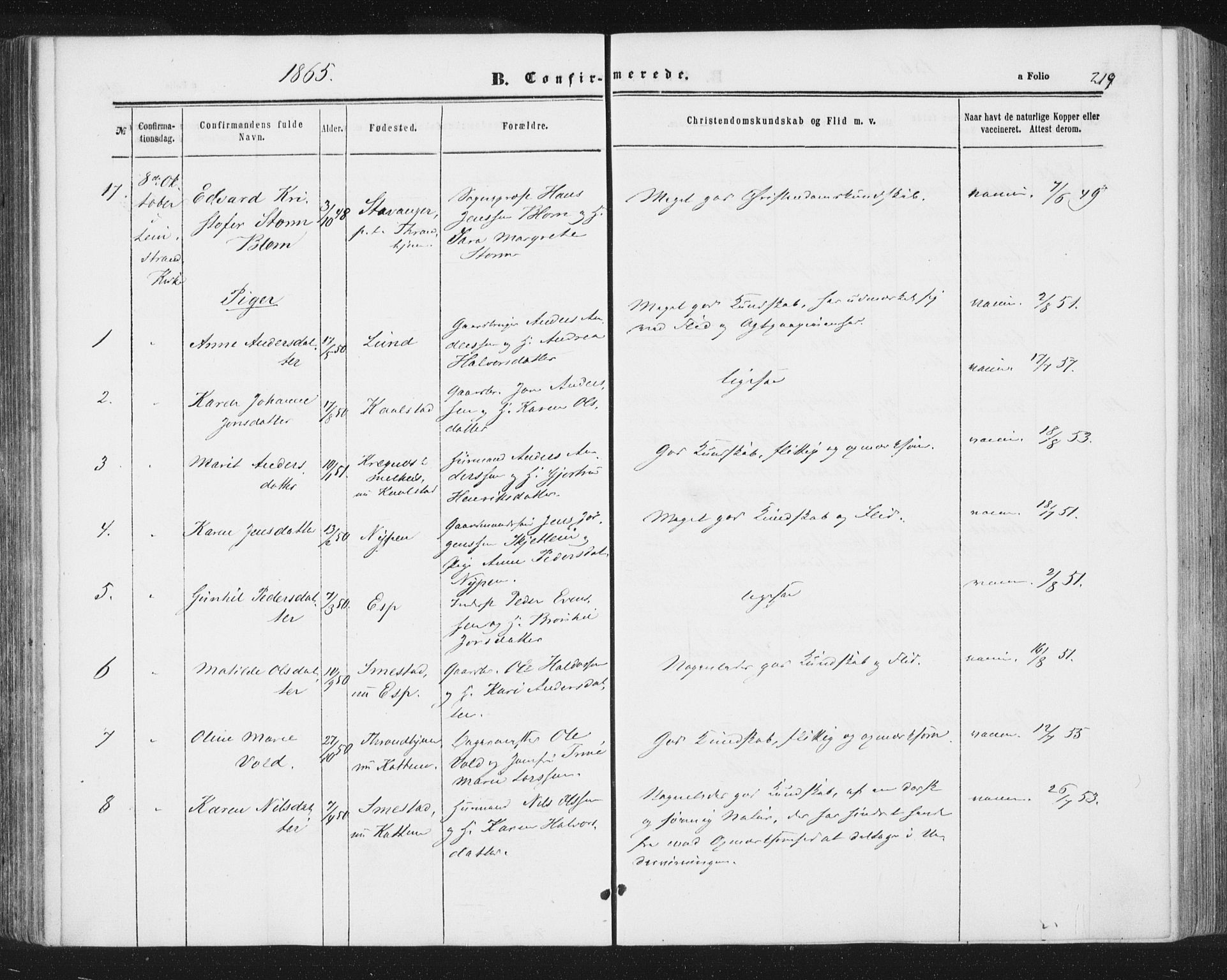 Ministerialprotokoller, klokkerbøker og fødselsregistre - Sør-Trøndelag, AV/SAT-A-1456/691/L1077: Parish register (official) no. 691A09, 1862-1873, p. 219